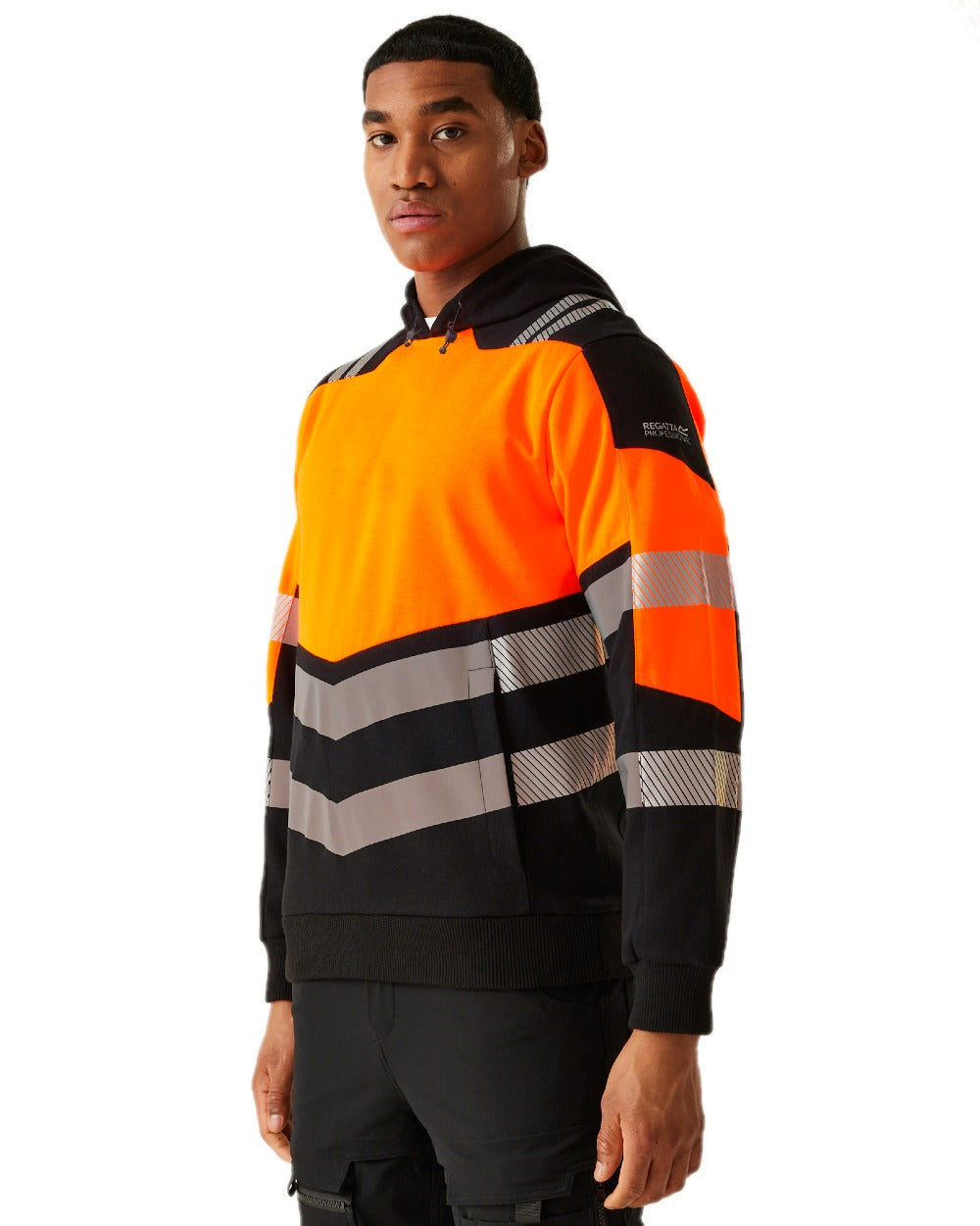 Black Orange Coloured Regatta Mens Hi-Vis X-Pro Hoodie Class 2 on White Background