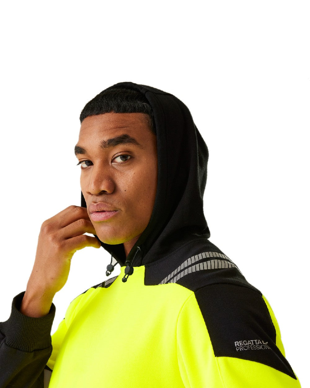 Black Yellow Coloured Regatta Mens Hi-Vis X-Pro Hoodie Class 2 on White Background
