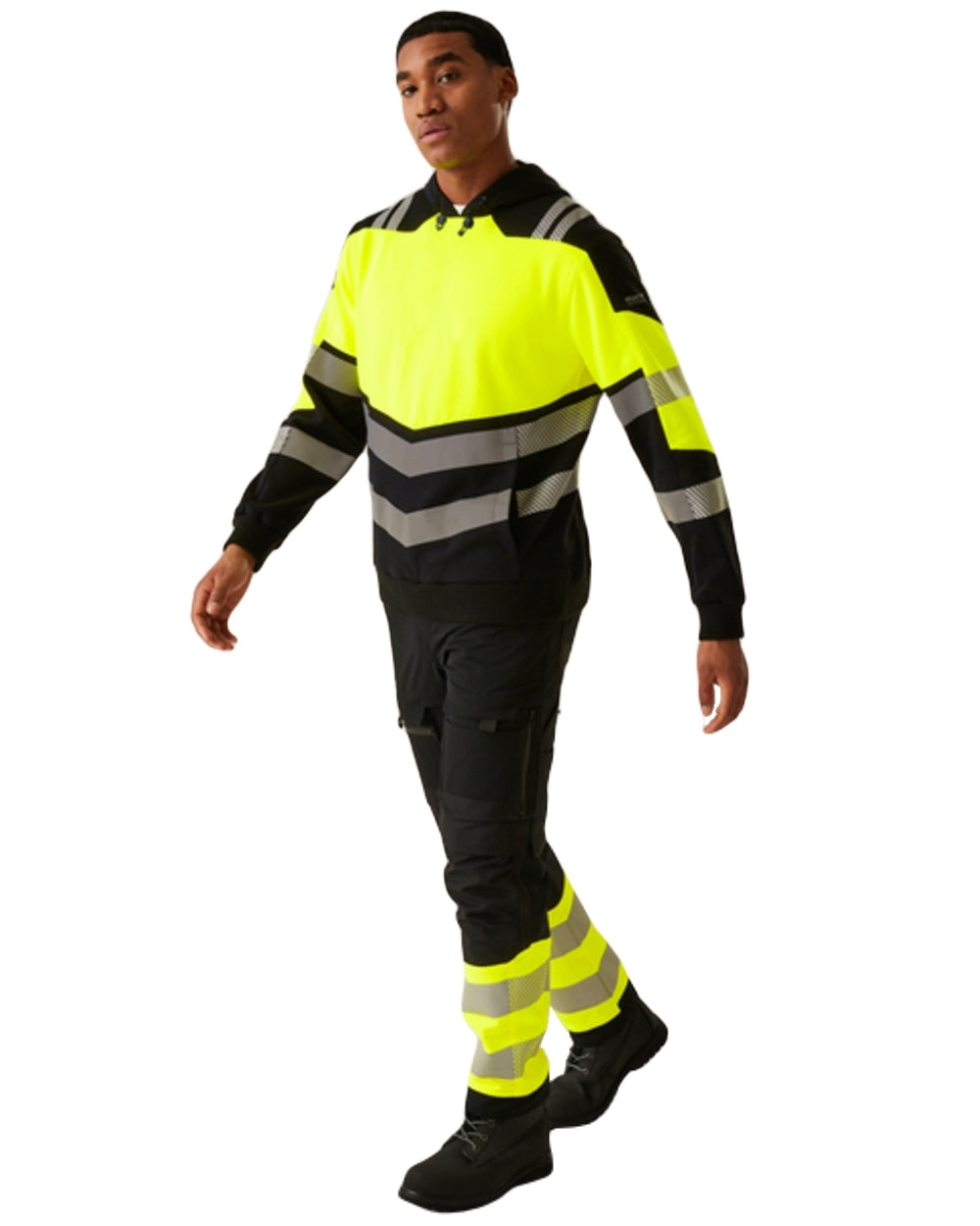 Black Yellow Coloured Regatta Mens Hi-Vis X-Pro Hoodie Class 2 on White Background