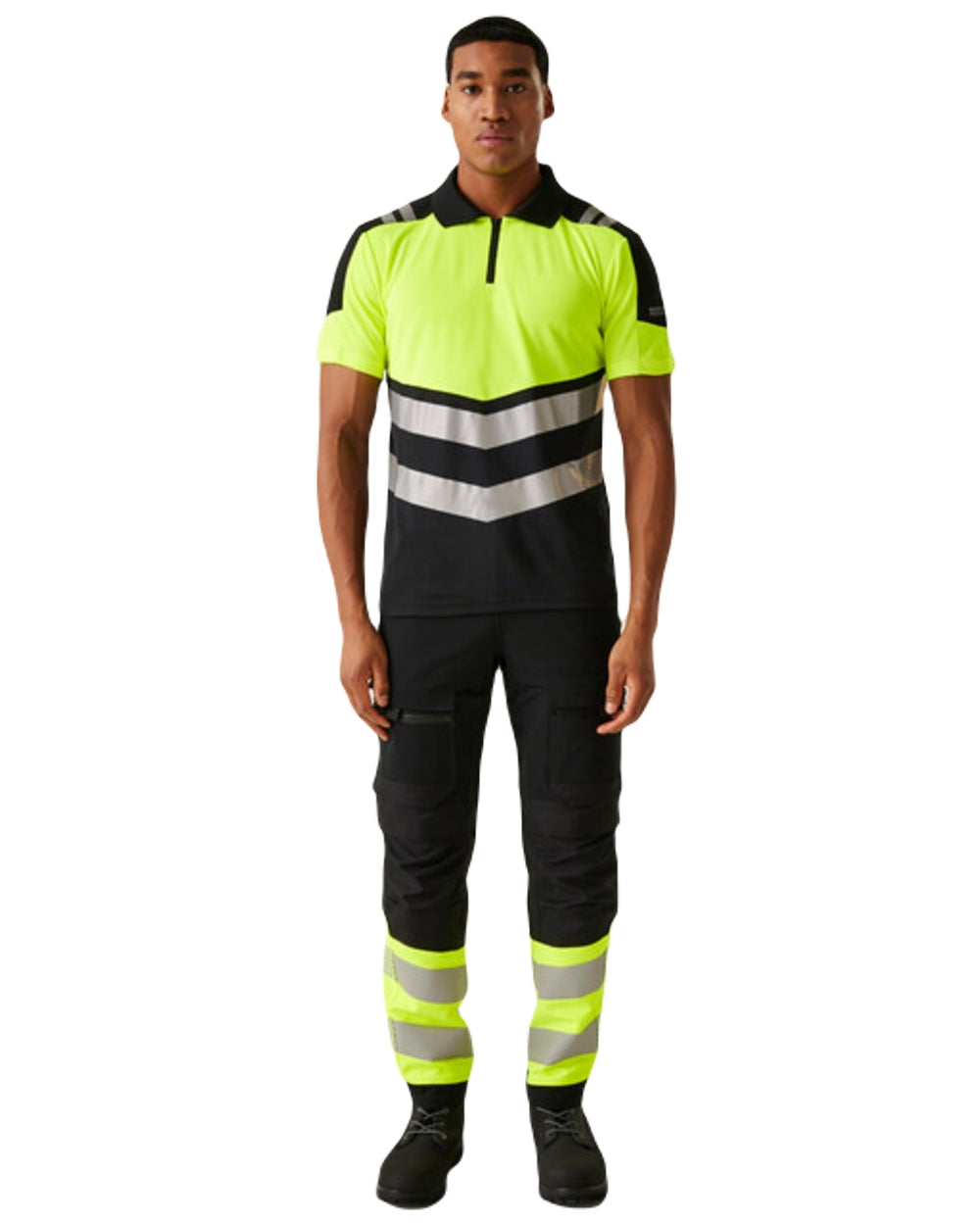 Black Yellow Coloured Regatta Mens Hi-Vis X-Pro Polo Class 1 on White Background