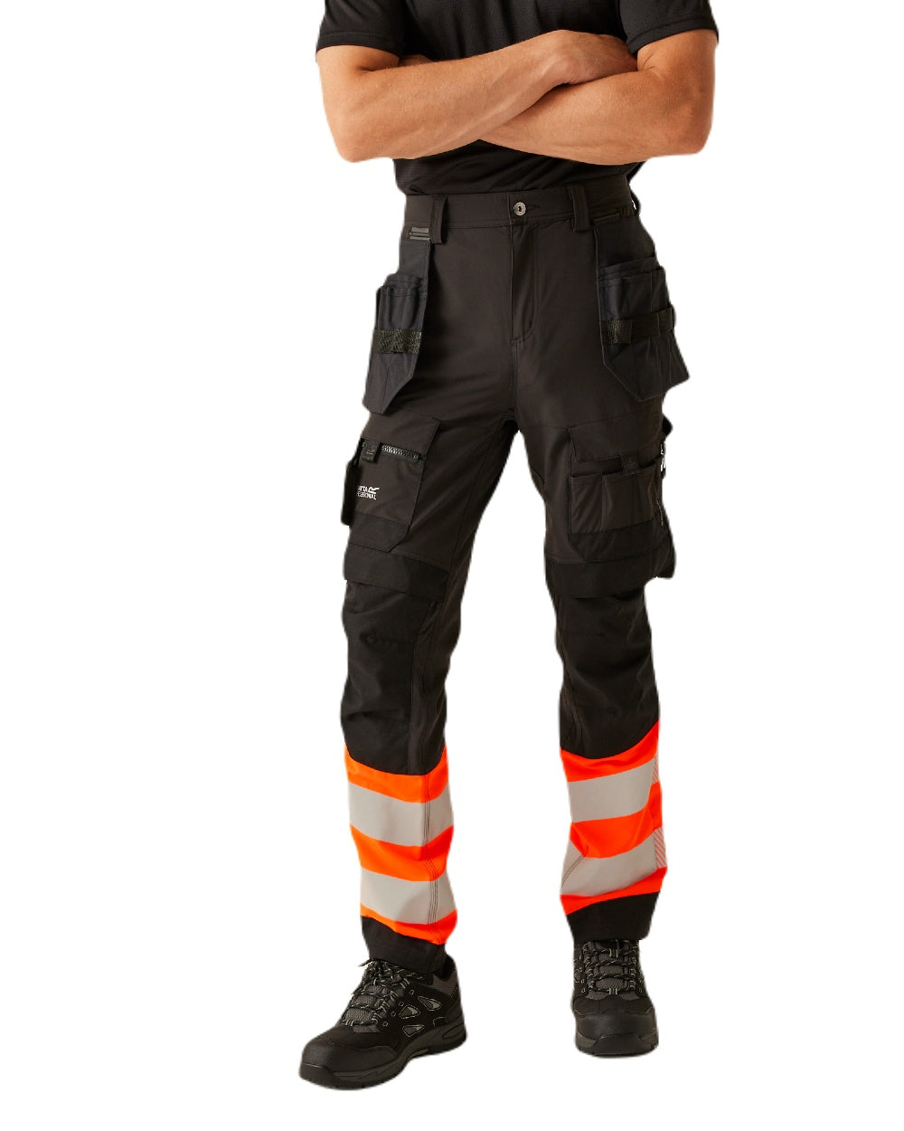 Black Orange Coloured Regatta Mens Hi-Vis X-Pro Stretch Holster Trousers Class 1 on White Background