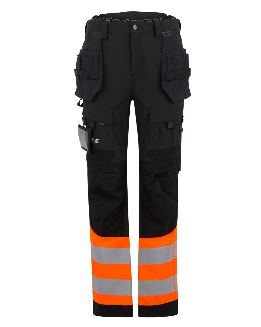 Black Orange Coloured Regatta Mens Hi-Vis X-Pro Stretch Holster Trousers Class 1 on White Background