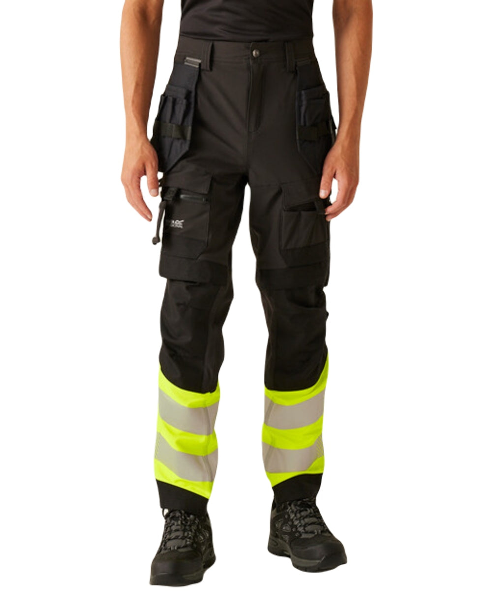 Black Yellow Coloured Regatta Mens Hi-Vis X-Pro Stretch Holster Trousers Class 1 on White Background