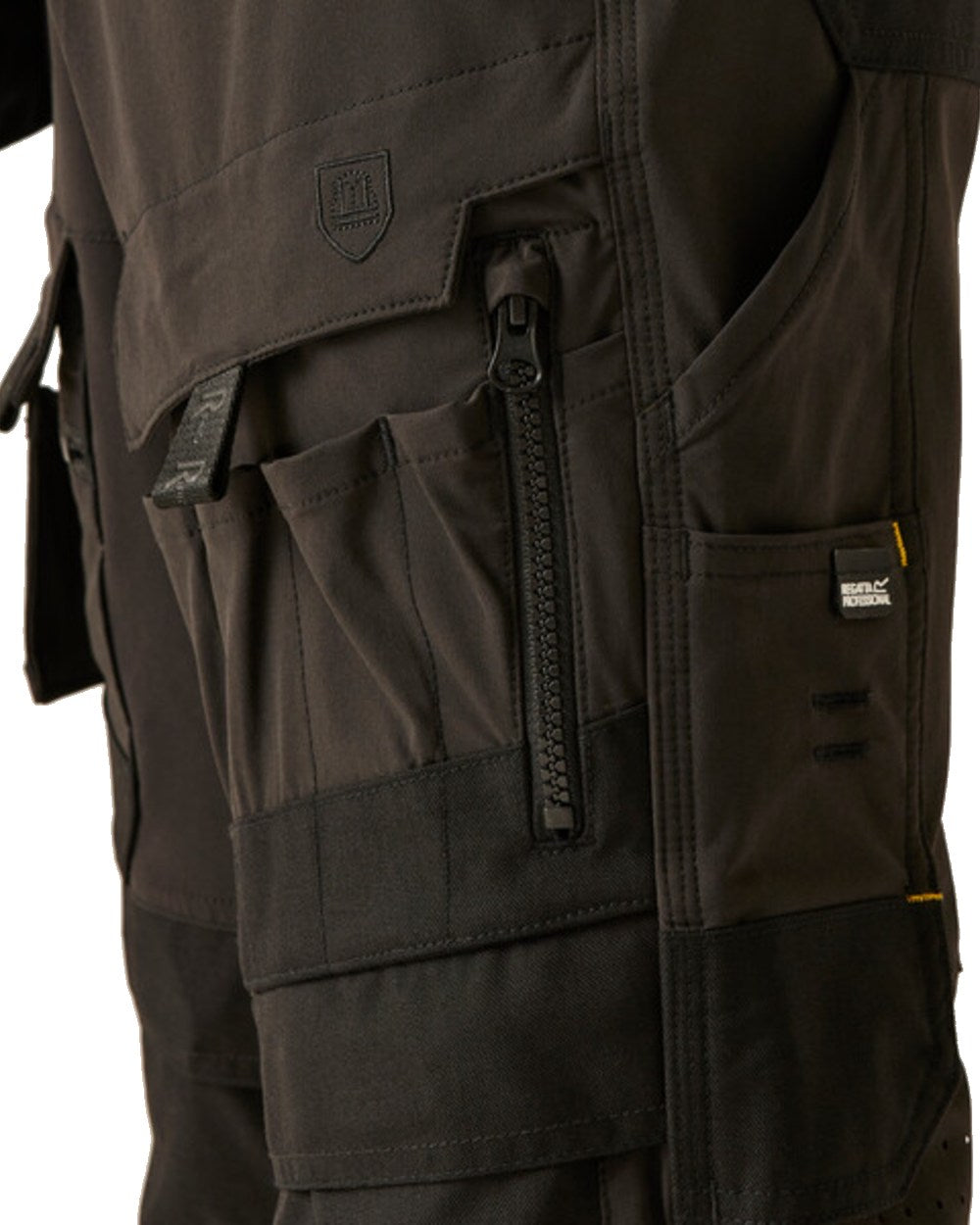 Black Yellow Coloured Regatta Mens Hi-Vis X-Pro Stretch Holster Trousers Class 1 on White Background