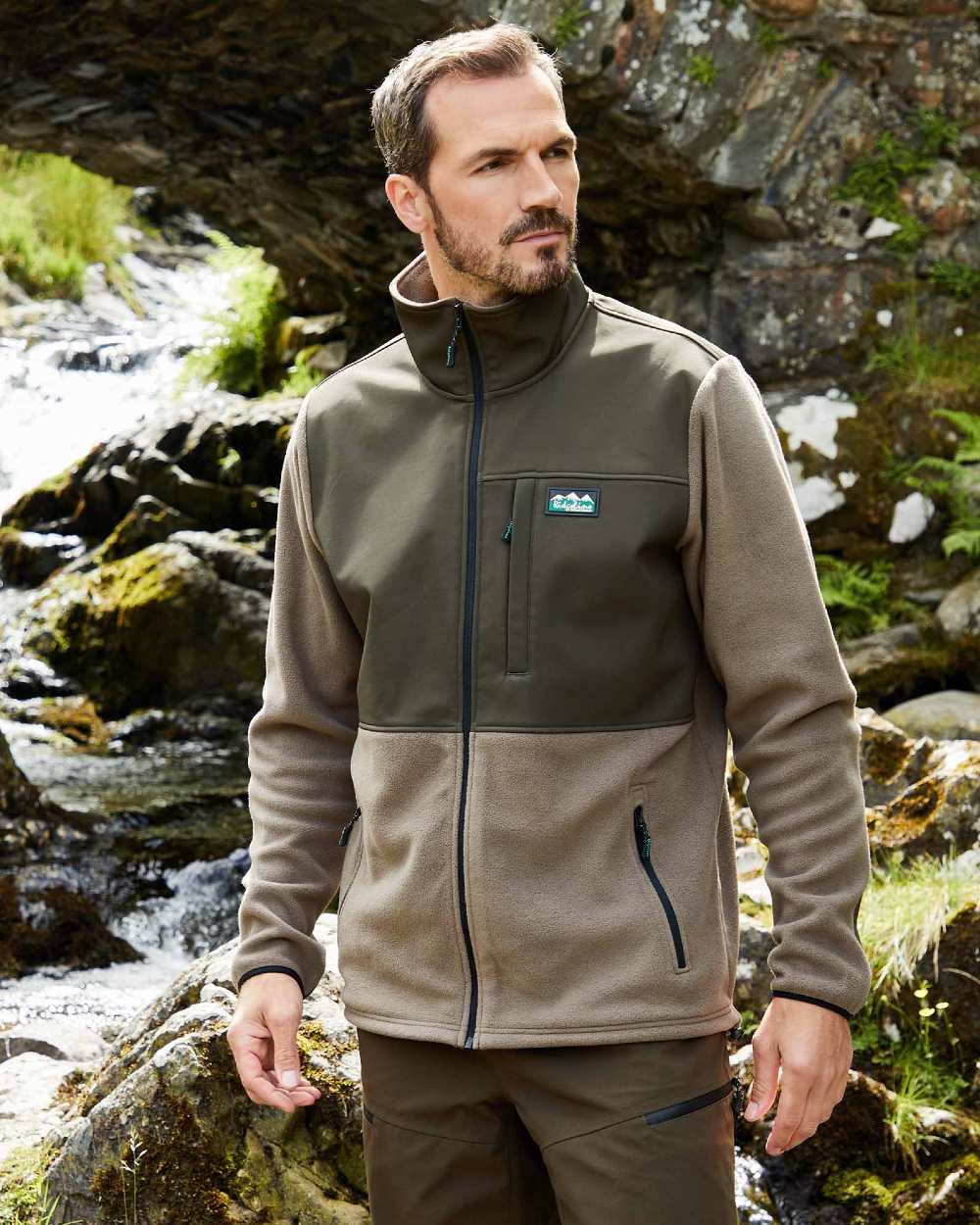Light Bark Coloured Ridgeline Hybrid Fleece Jacket On A Waterfall Background