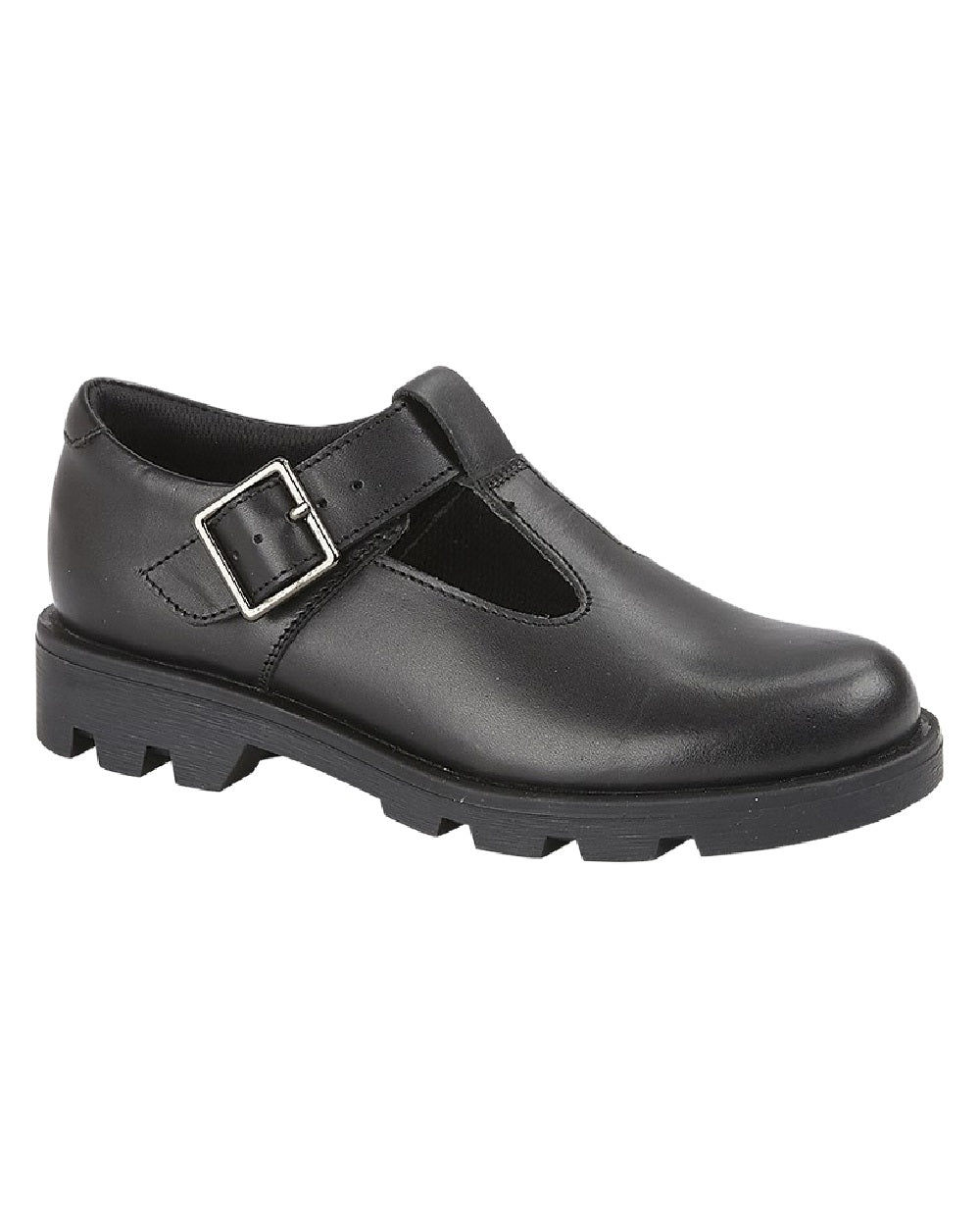 Black Coloured Roamers Childrens T Bar Adjustable Buckle School Shoes on White Background