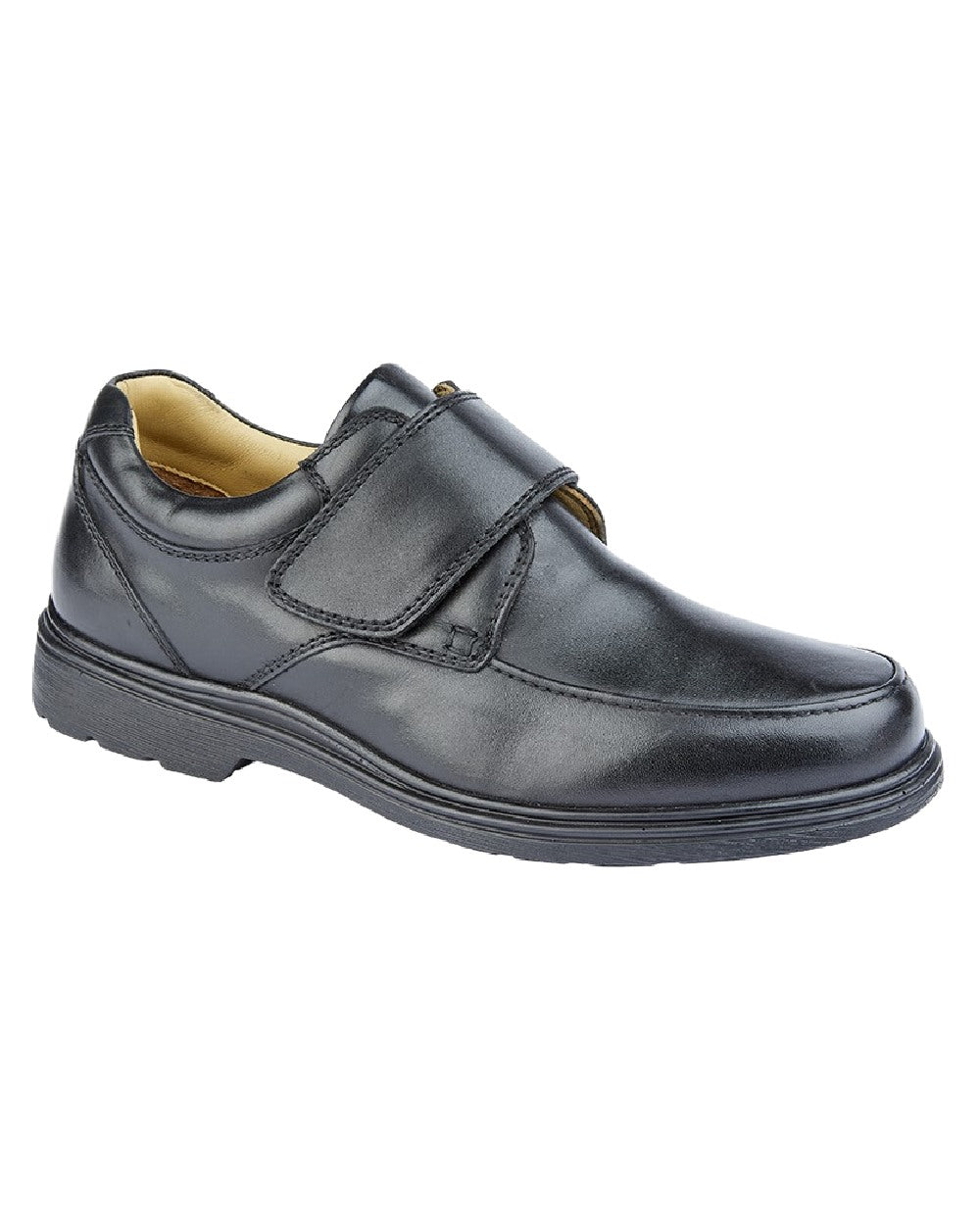 Black Coloured Roamers Mens Extra Wide Touch Fastening Leather Shoes on White Background