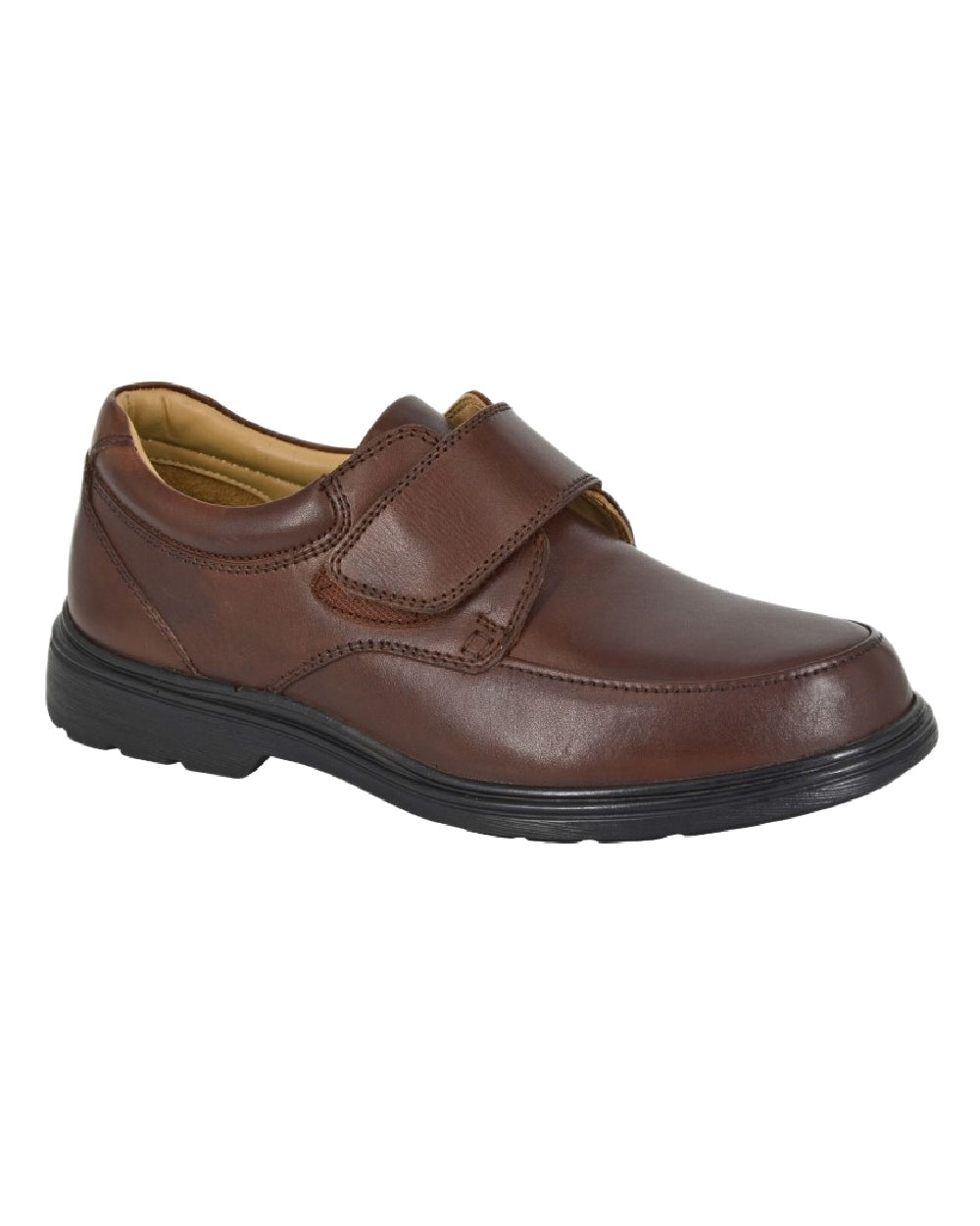 Brown Coloured Roamers Mens Extra Wide Touch Fastening Leather Shoes on White Background