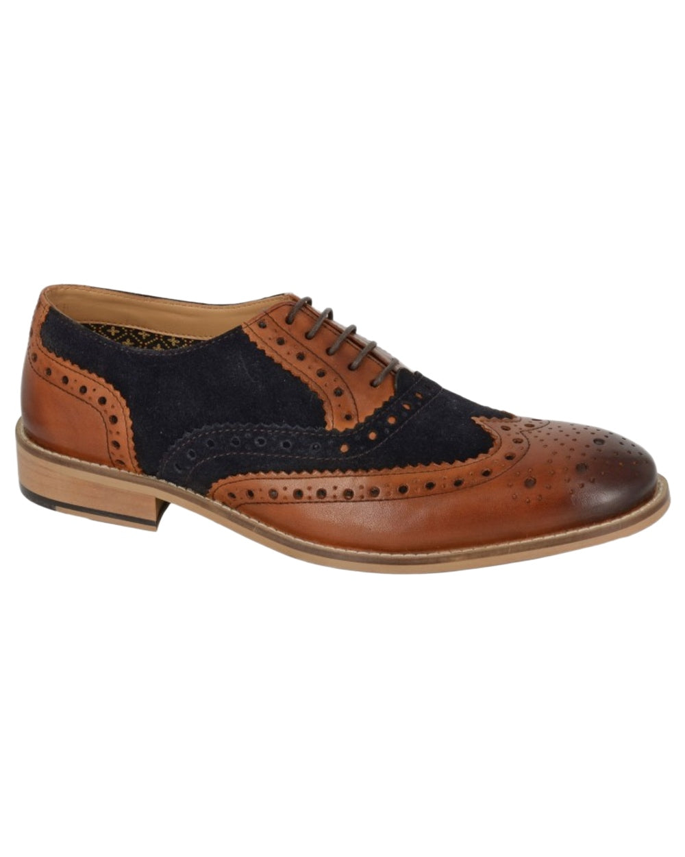 Tan Navy Coloured Roamers Mens Eyelet Wing Cap Brogue Oxford Shoes on White Background