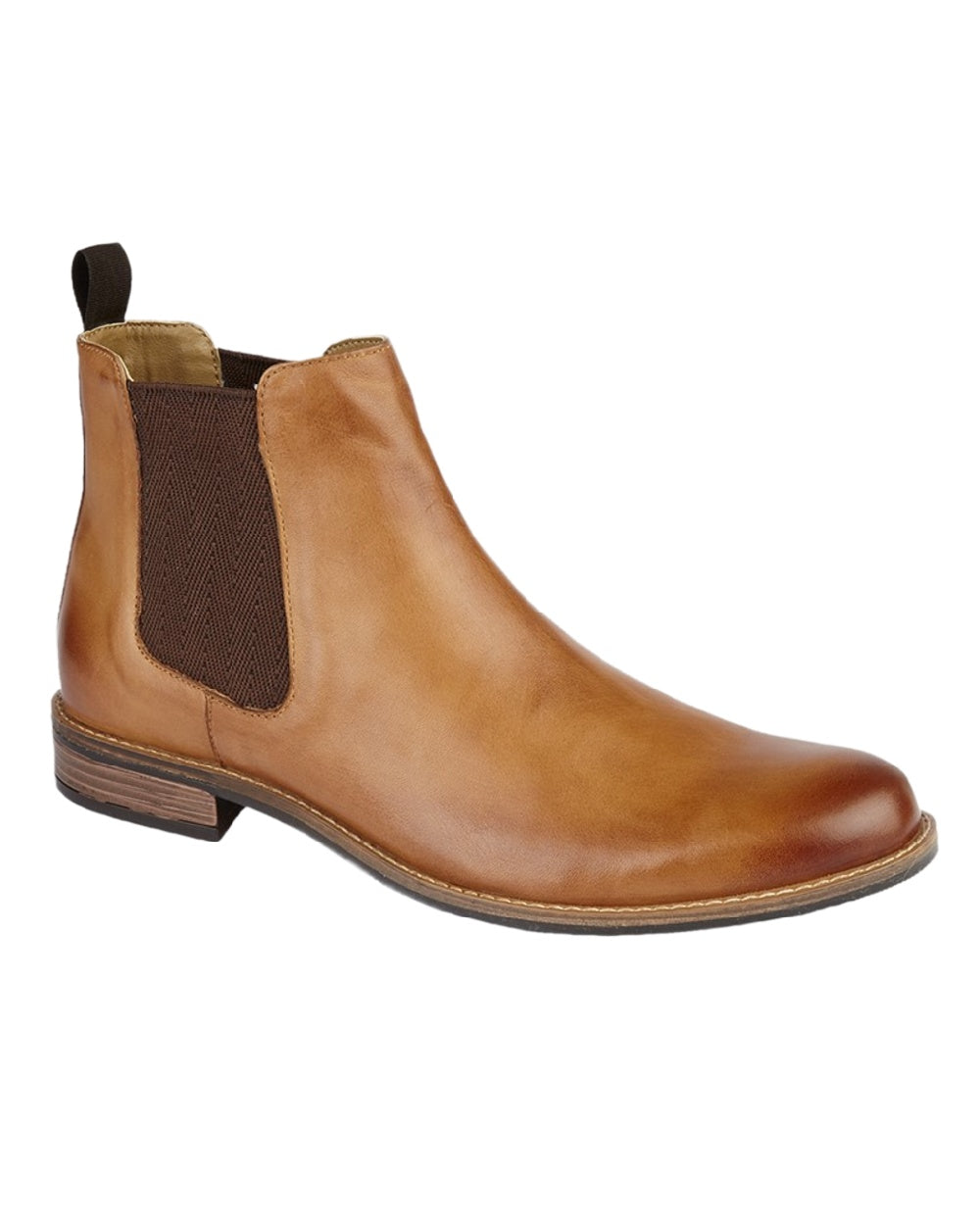 Tan Coloured Roamers Mens Leather Twin Gusset Ankle Boots on White Background