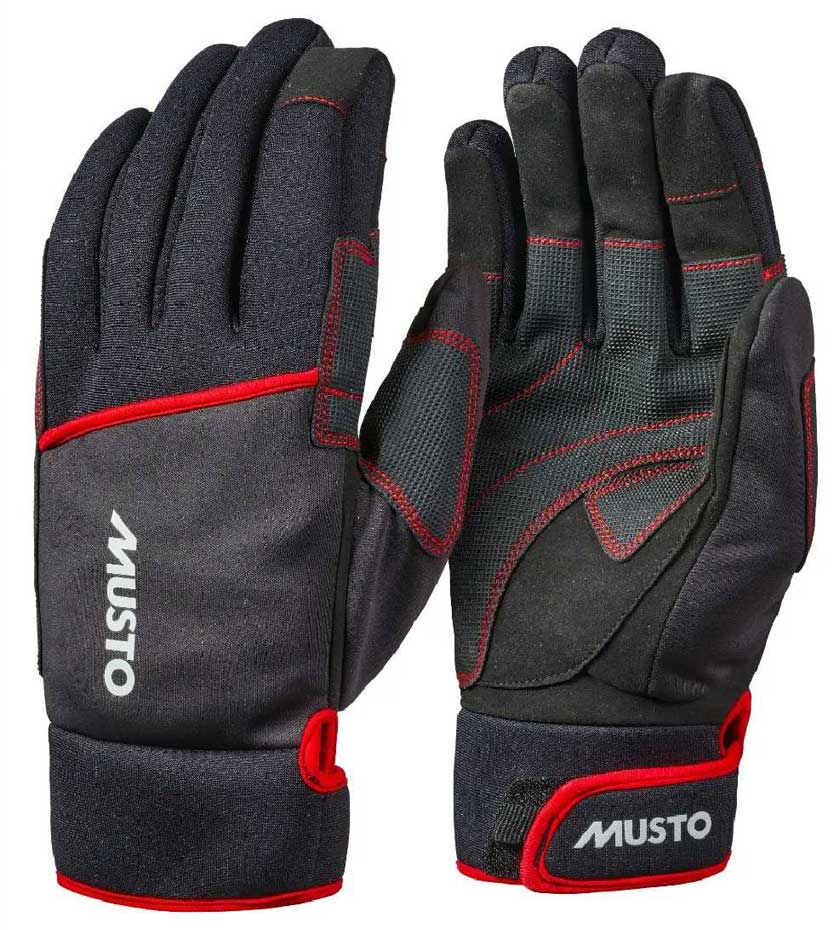 Musto Sailing gloves with reinforced palms and red trim on a white background.