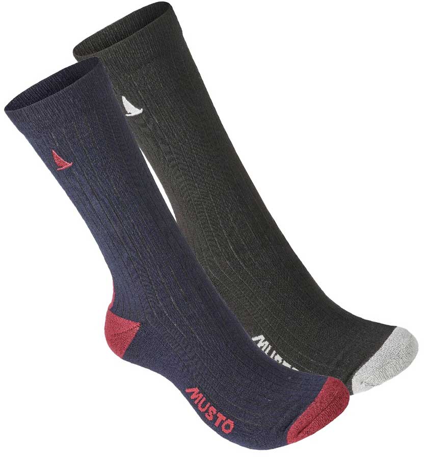 Pair of sailing socks in blue and Grey with red and white toes and heels on a white background.