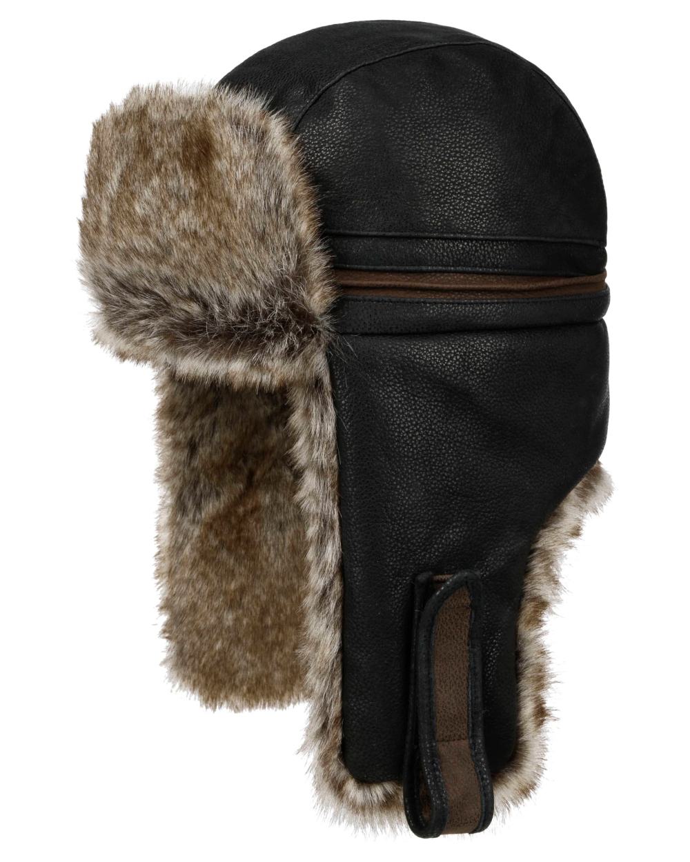 Black Coloured Stetson Cowhide Bomber Aviator Hat On A White Background
