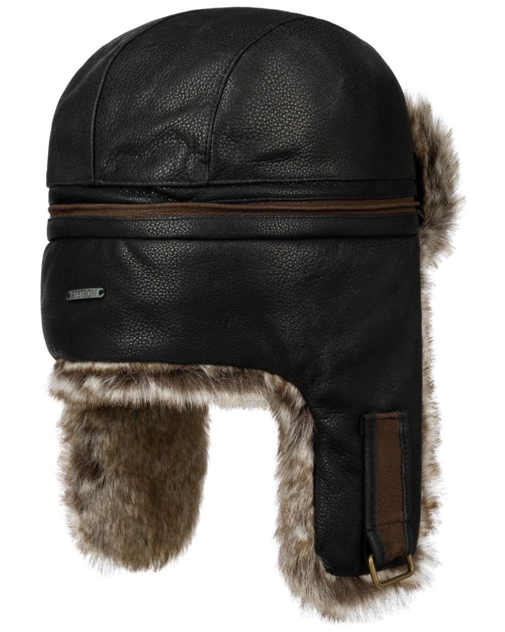 Black Coloured Stetson Cowhide Bomber Aviator Hat On A White Background