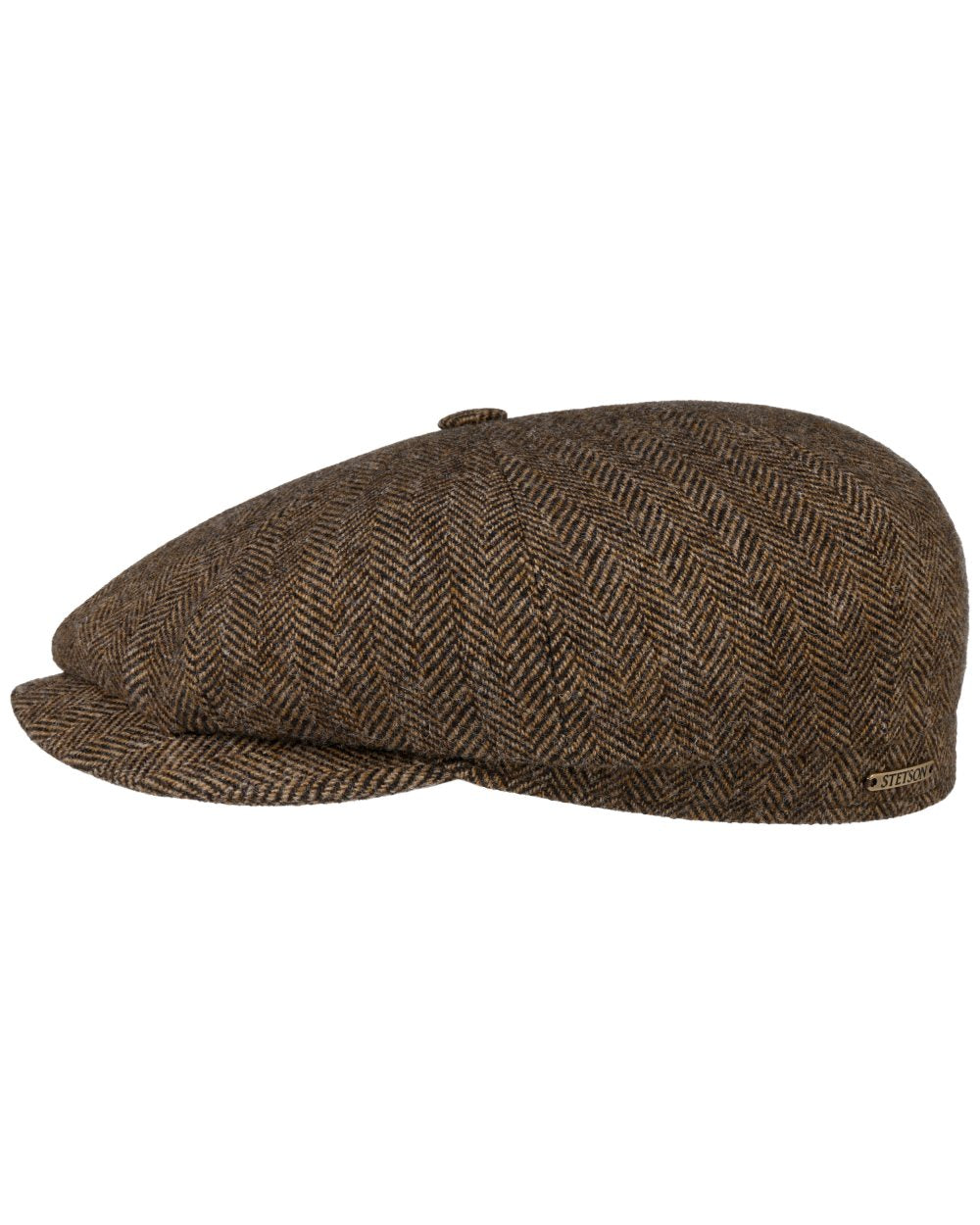 Brown Black Coloured Stetson Hatteras Classic Wool Flat Cap On A White Background