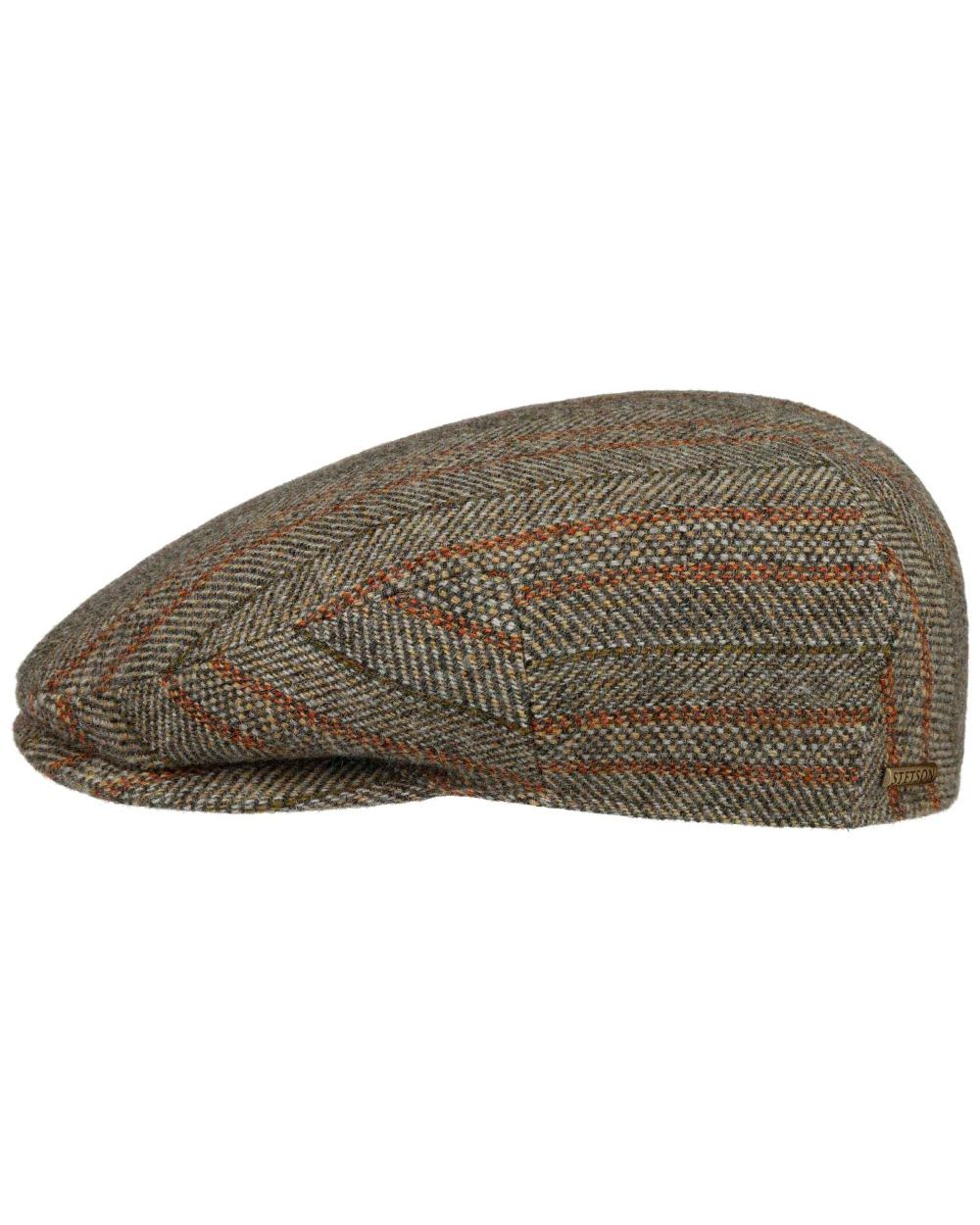Beige Coloured Stetson Kent Herringbone Stripe Flat Cap On A White Background