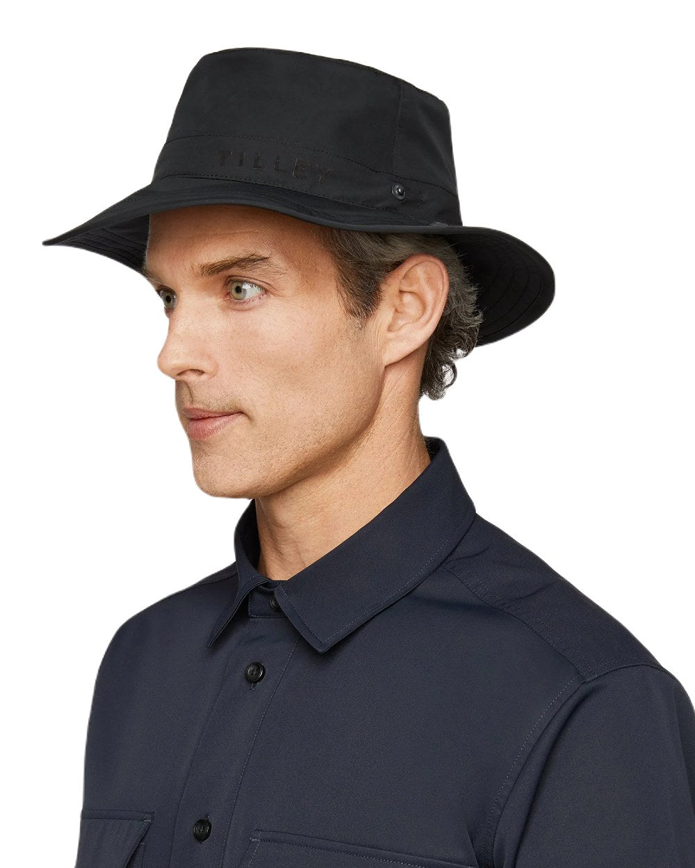 Black Coloured Tilley Rain Hat On A White Background