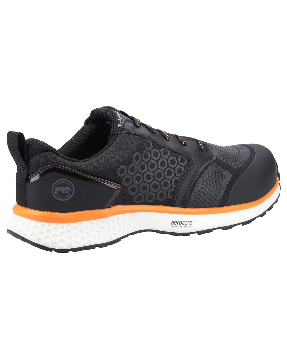 Black/Orange coloured Timberland Pro Reaxion Composite Safety Trainers on white background
