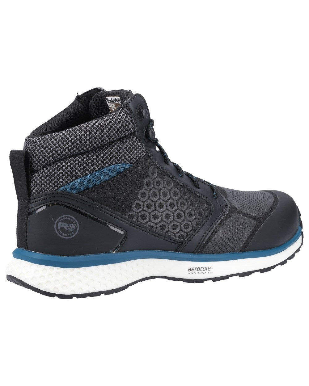 Black/Blue coloured Timberland Pro Reaxion Mid Composite Safety Boots on white background