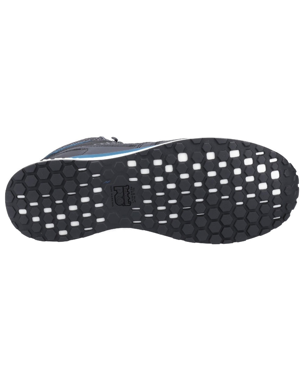 Black/Blue coloured Timberland Pro Reaxion Mid Composite Safety Boots on white background