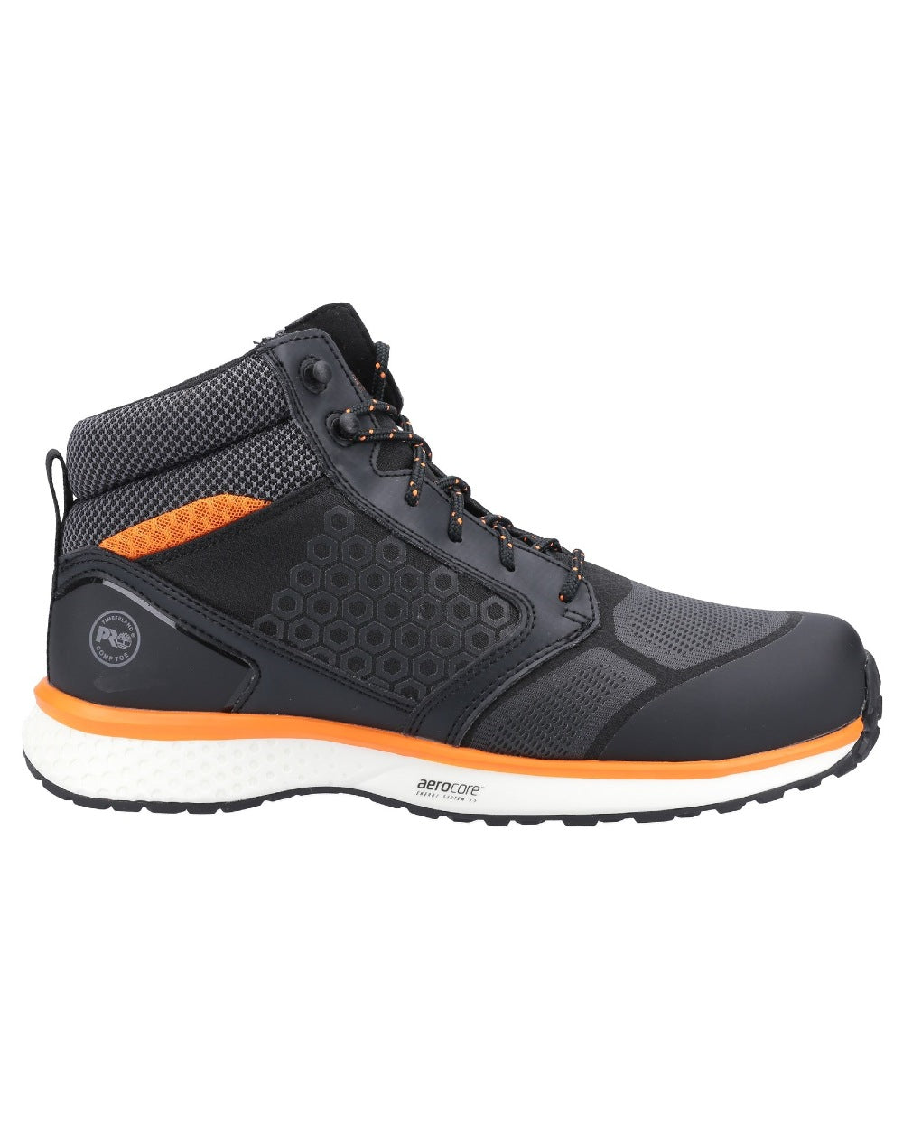 Black/Orange coloured Timberland Pro Reaxion Mid Composite Safety Boots on white background