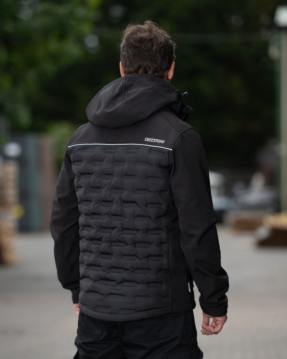 Black Coloured Tuffstuff Mens Stratford Softshell Jacket on Urban background