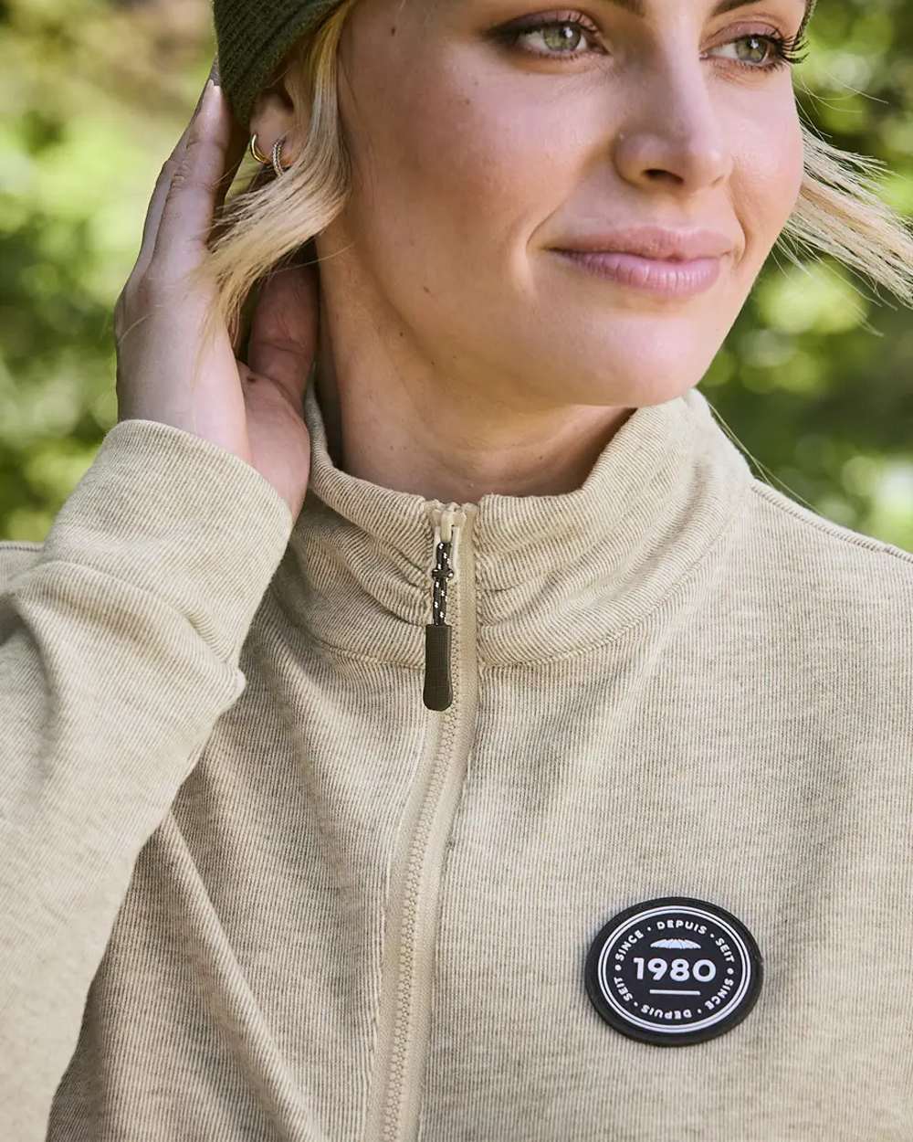Irish Cream Coloured WeatherBeeta London Layer Long Sleeve Top On A blurry Background