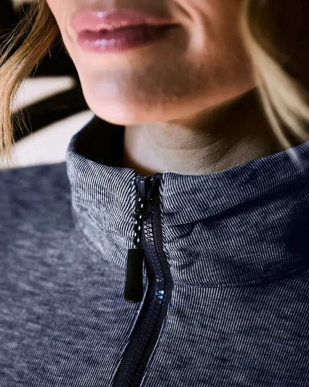 Navy Iris Coloured WeatherBeeta London Layer Long Sleeve Top On A wall Background