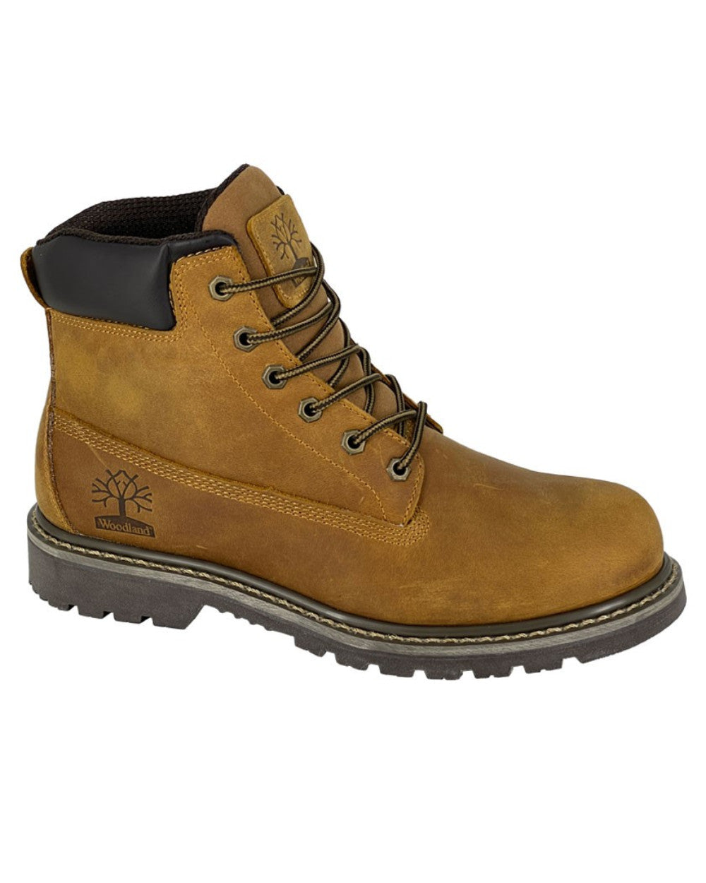 Light Brown Coloured Woodland 6 Eye Padded Utility Work Boots On A White Background