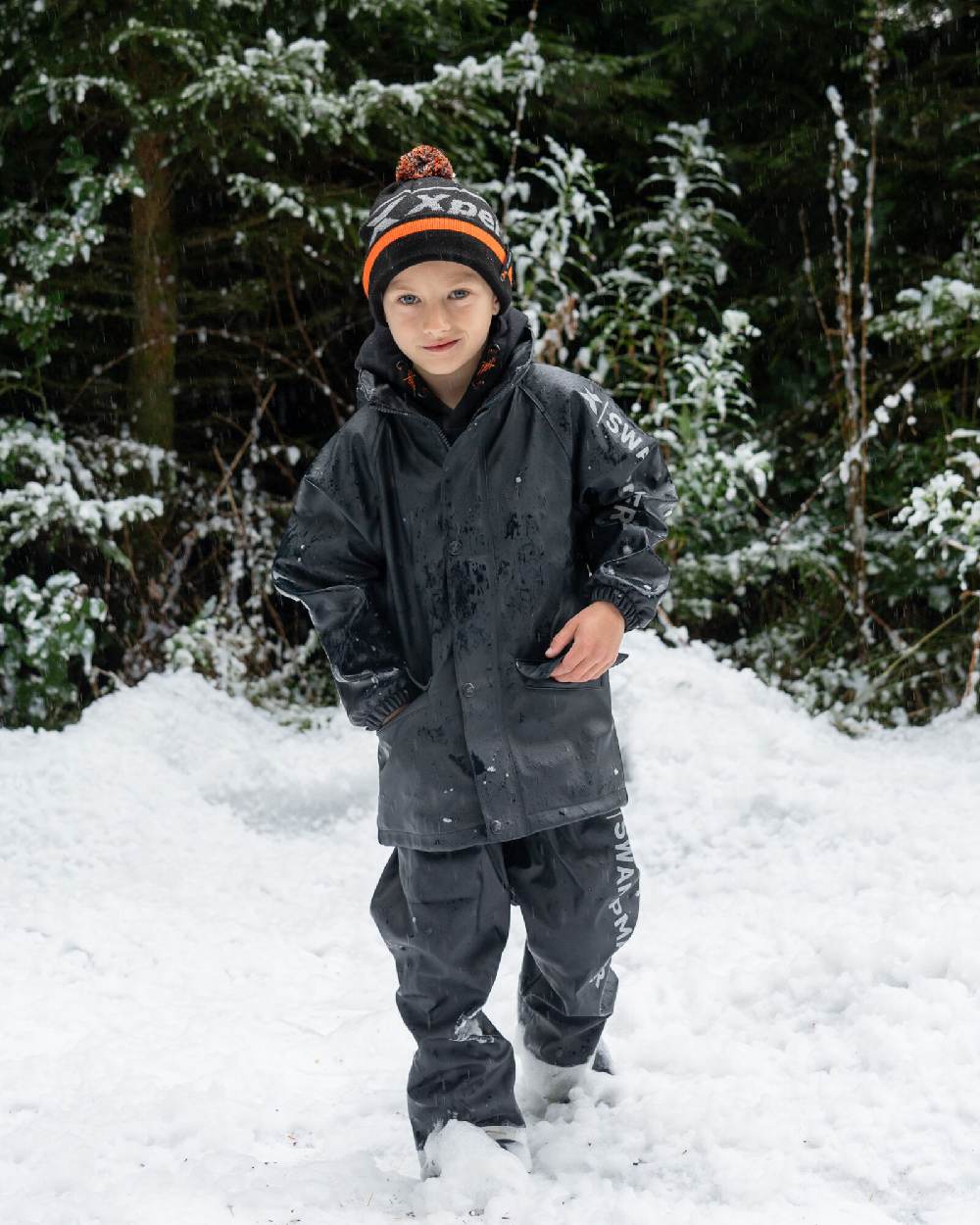 Black Coloured Xpert Kids Swampmaster Stormgear Junior Gift Bundle GGS 2024 on Snow Background