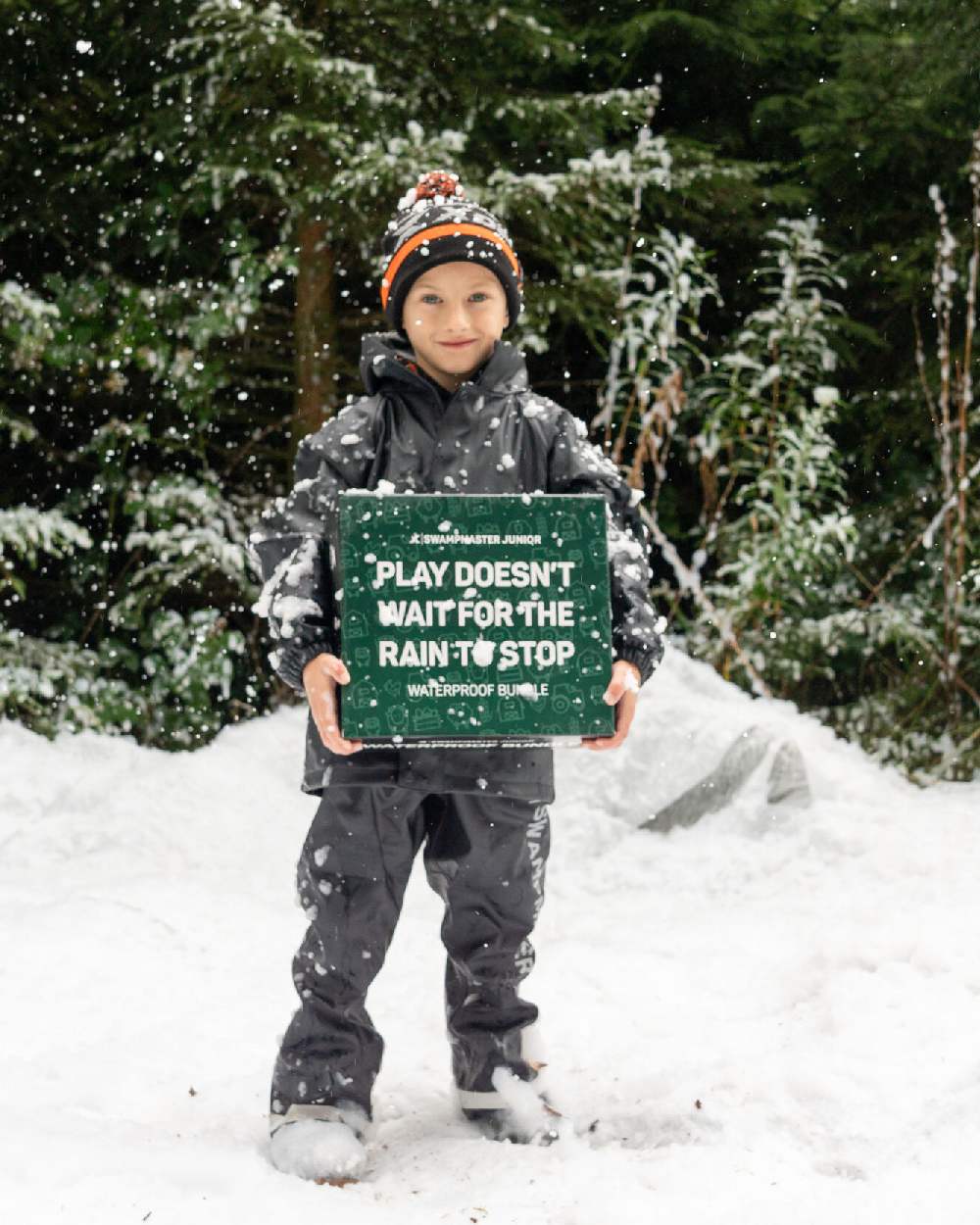 Black Coloured Xpert Kids Swampmaster Stormgear Junior Gift Bundle GGS 2024 on Snow Background