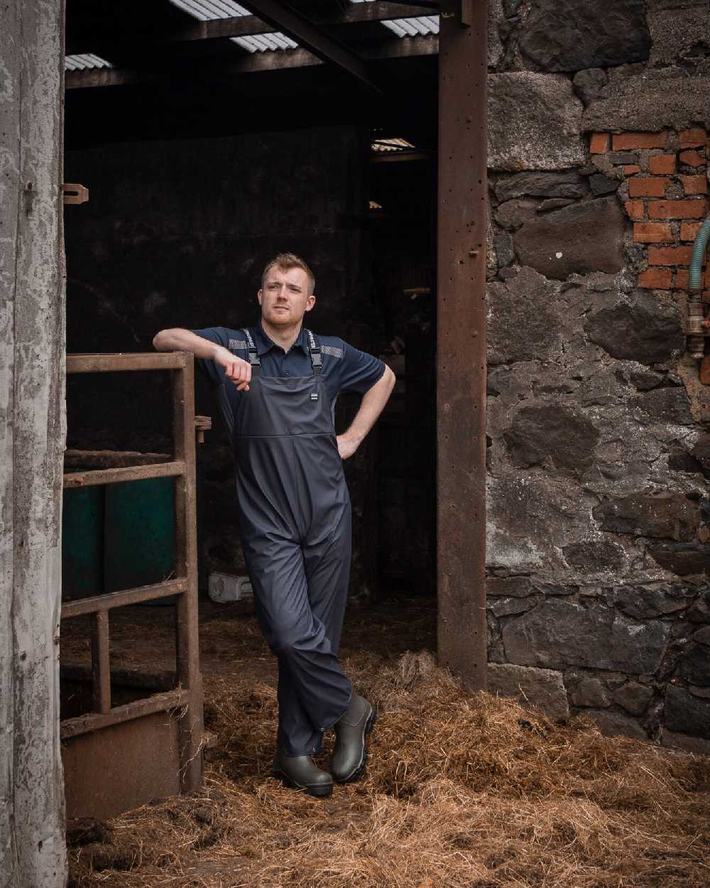 Navy Coloured Xpert Mens Swampmaster No-Sweat Stormgear Waterproof Bib & Brace on Outdoor Background