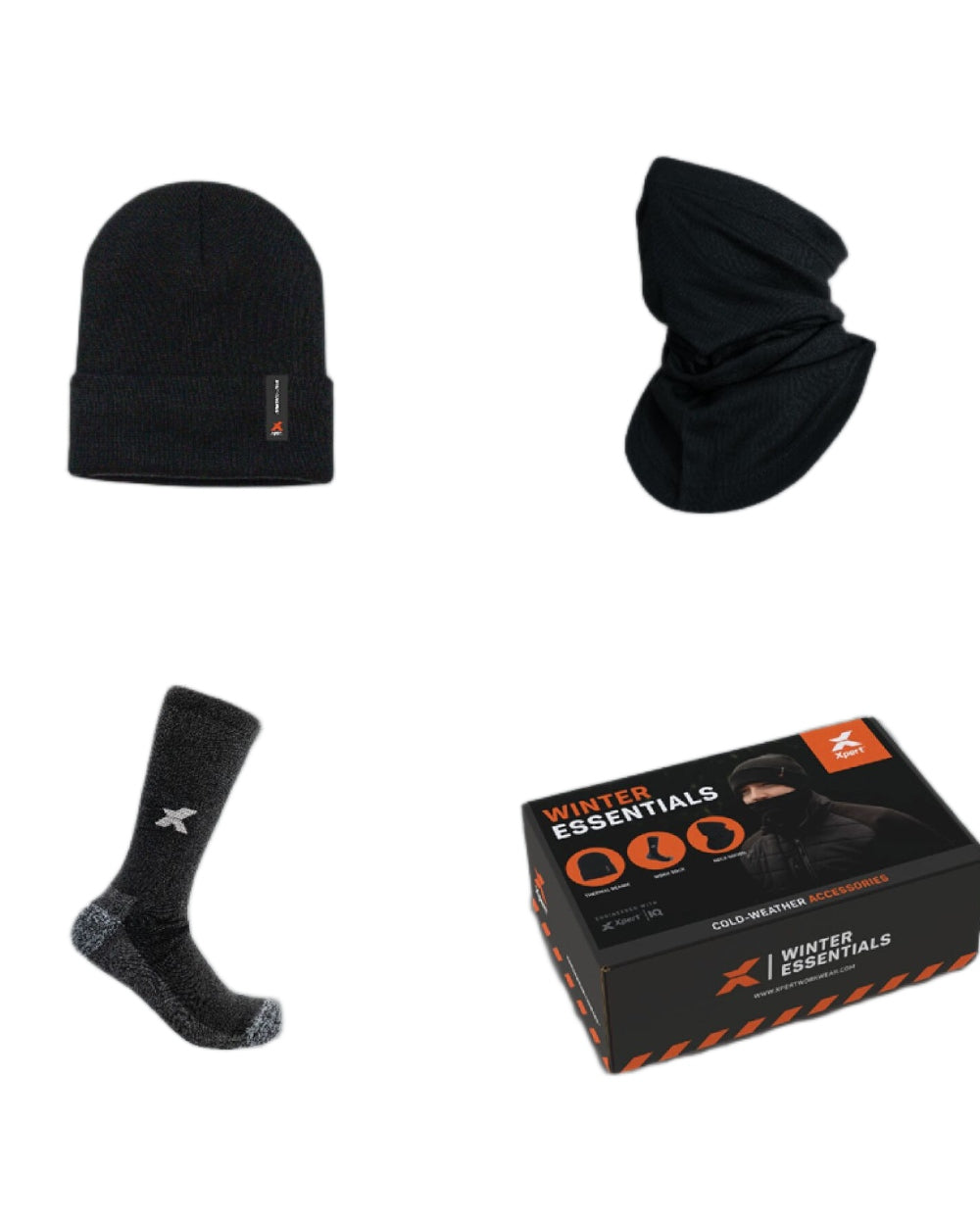 Black Coloured Xpert Winter Essentials Set Socks, Hat & Snood on White Background