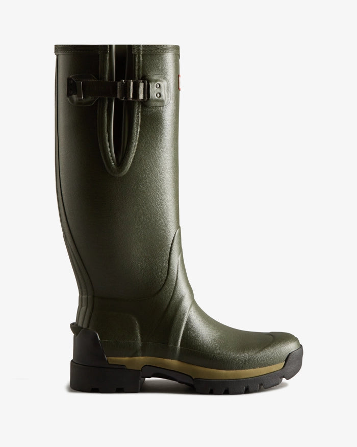 Hunter Mens Balmoral Neoprene Adjustable Wellington Boots in Dark Olive - Side View 