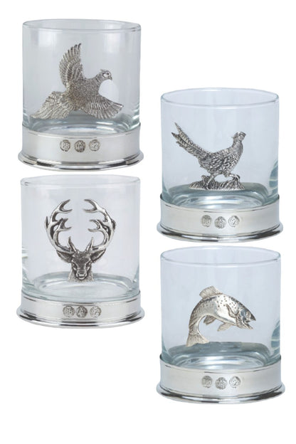 Bisley Whisky Glasses In Flying Pheasant, Running Pheasant, Stag and Trout 