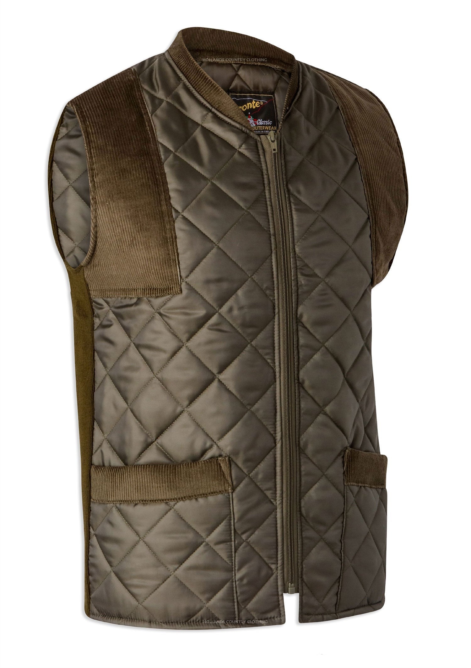 Bronte Quilted Gilet / Waistcoat in Olive Green with cord shoulder patches #colour_green