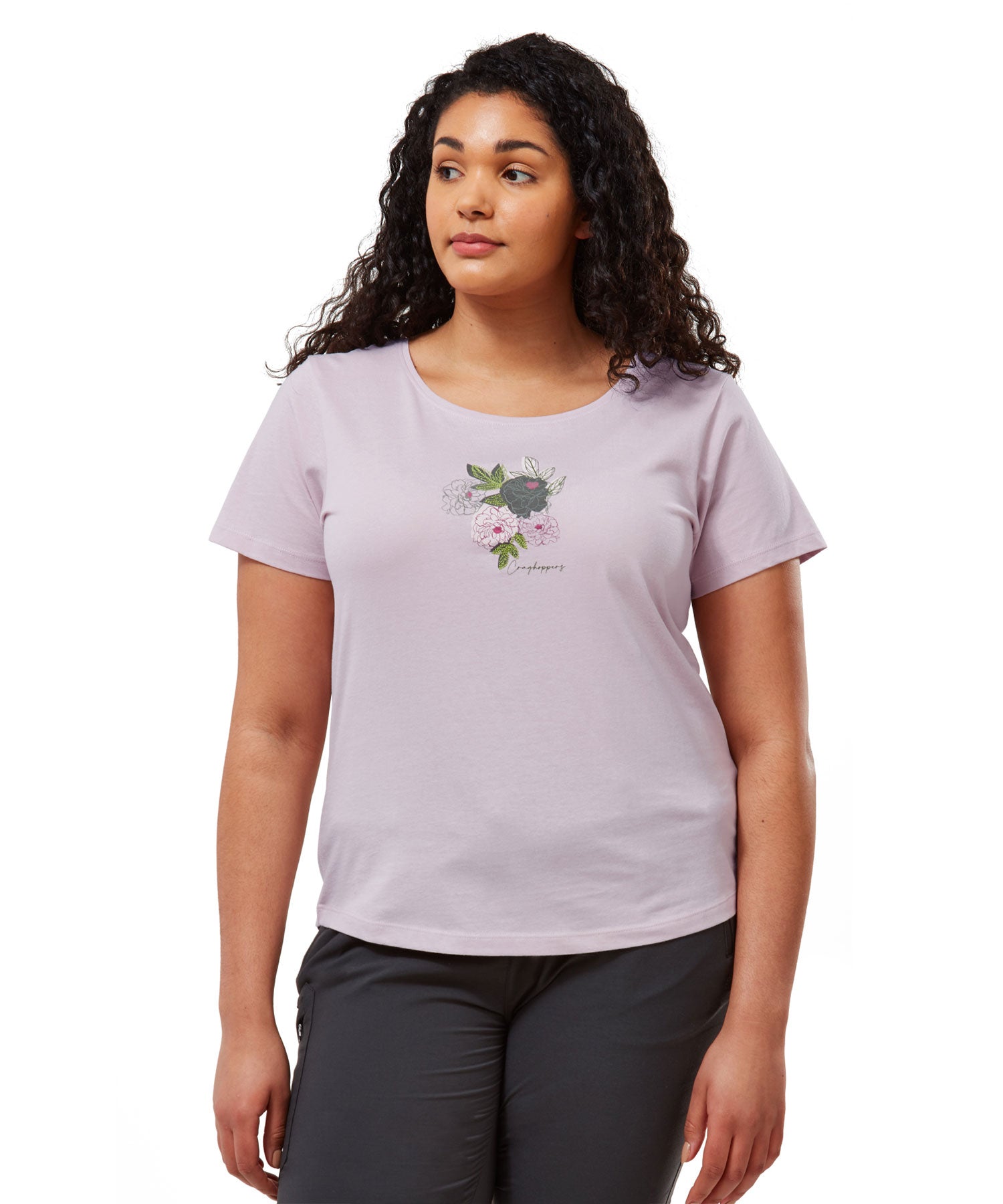 Brushed Lilac Floral Craghoppers Miri Short Sleeve T-Shirt on white background