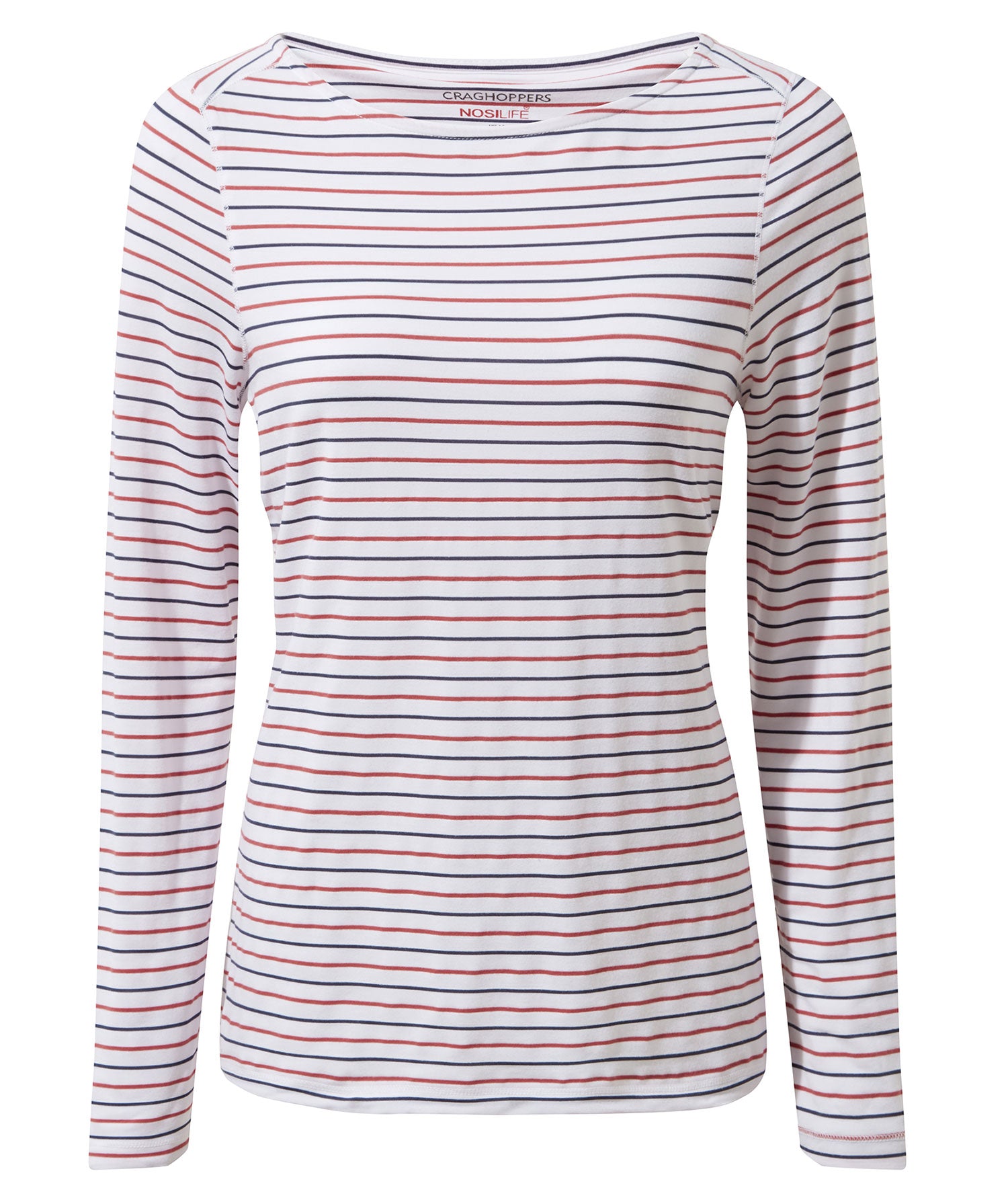 Blue Navy Pompeian Red Stripe coloured Craghoppers NosiLife Erin Ladies L/S Top on white background