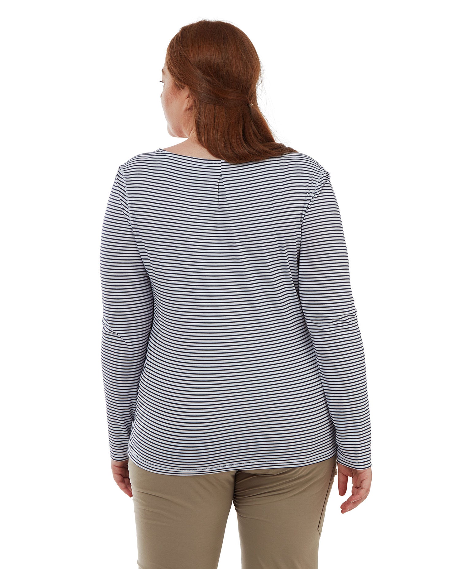 Blue Navy Stripe coloured Craghoppers NosiLife Erin Ladies L/S Top on white background