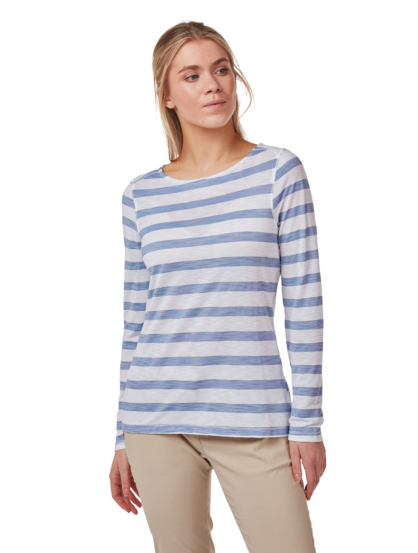 Paradise Blue Stripe coloured Craghoppers NosiLife Erin Ladies L/S Top on white background