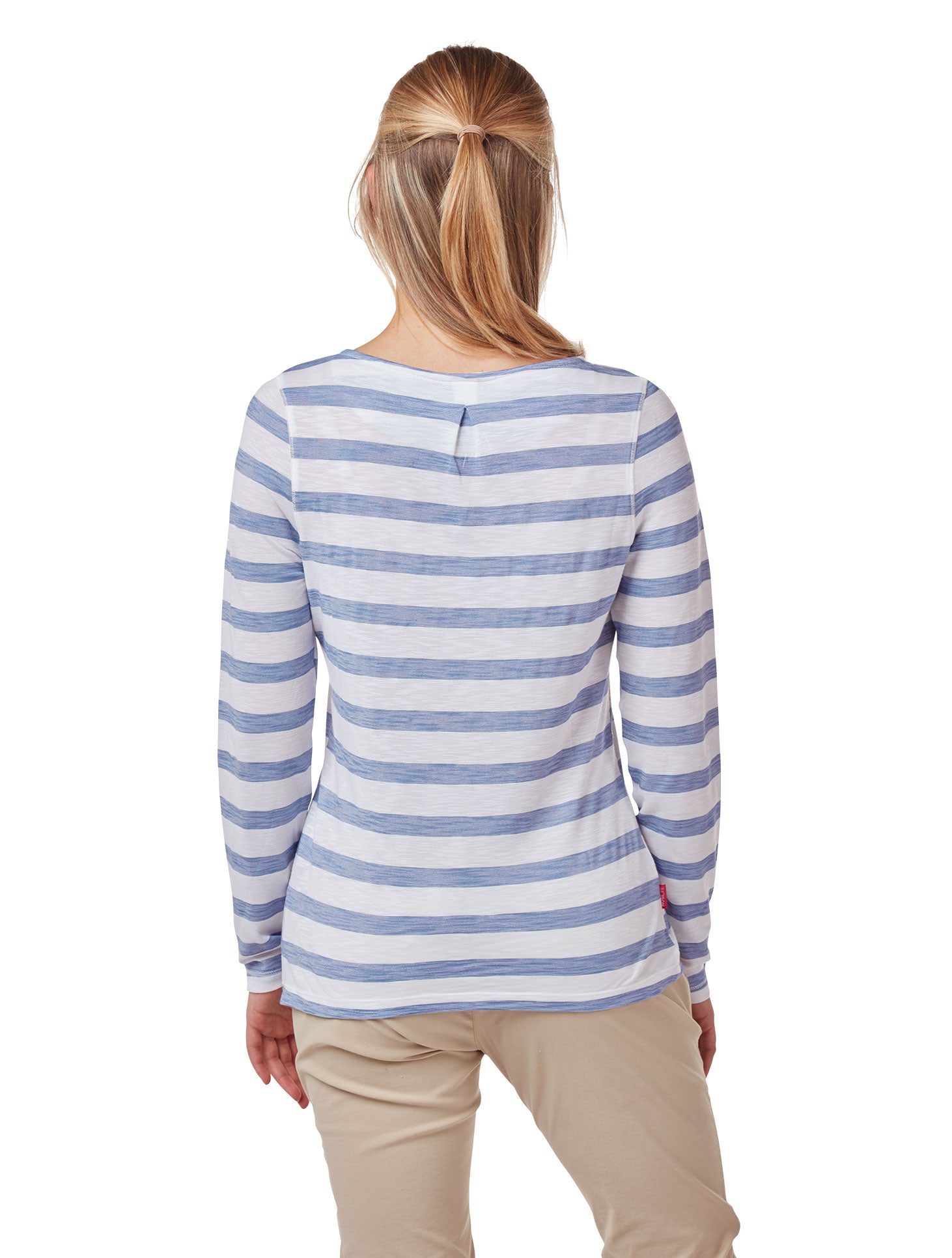 Paradise Blue Stripe coloured Craghoppers NosiLife Erin Ladies L/S Top on white background