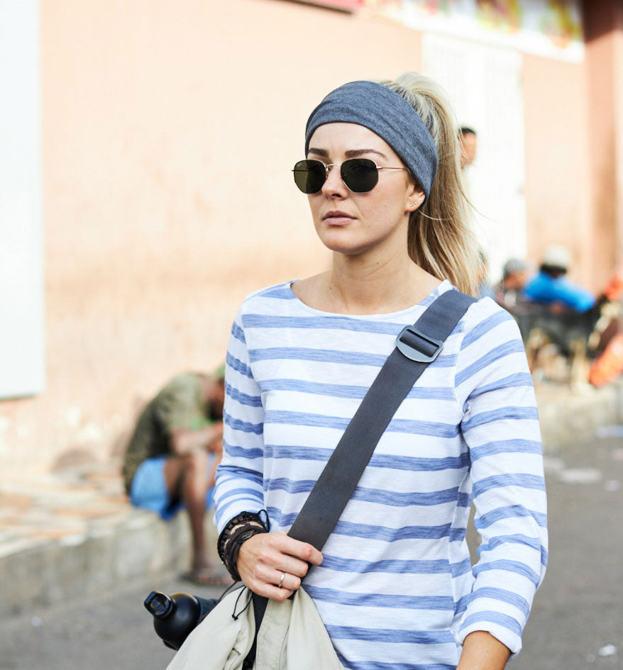 Paradise Blue Stripe coloured Craghoppers NosiLife Erin Ladies L/S Top on street background