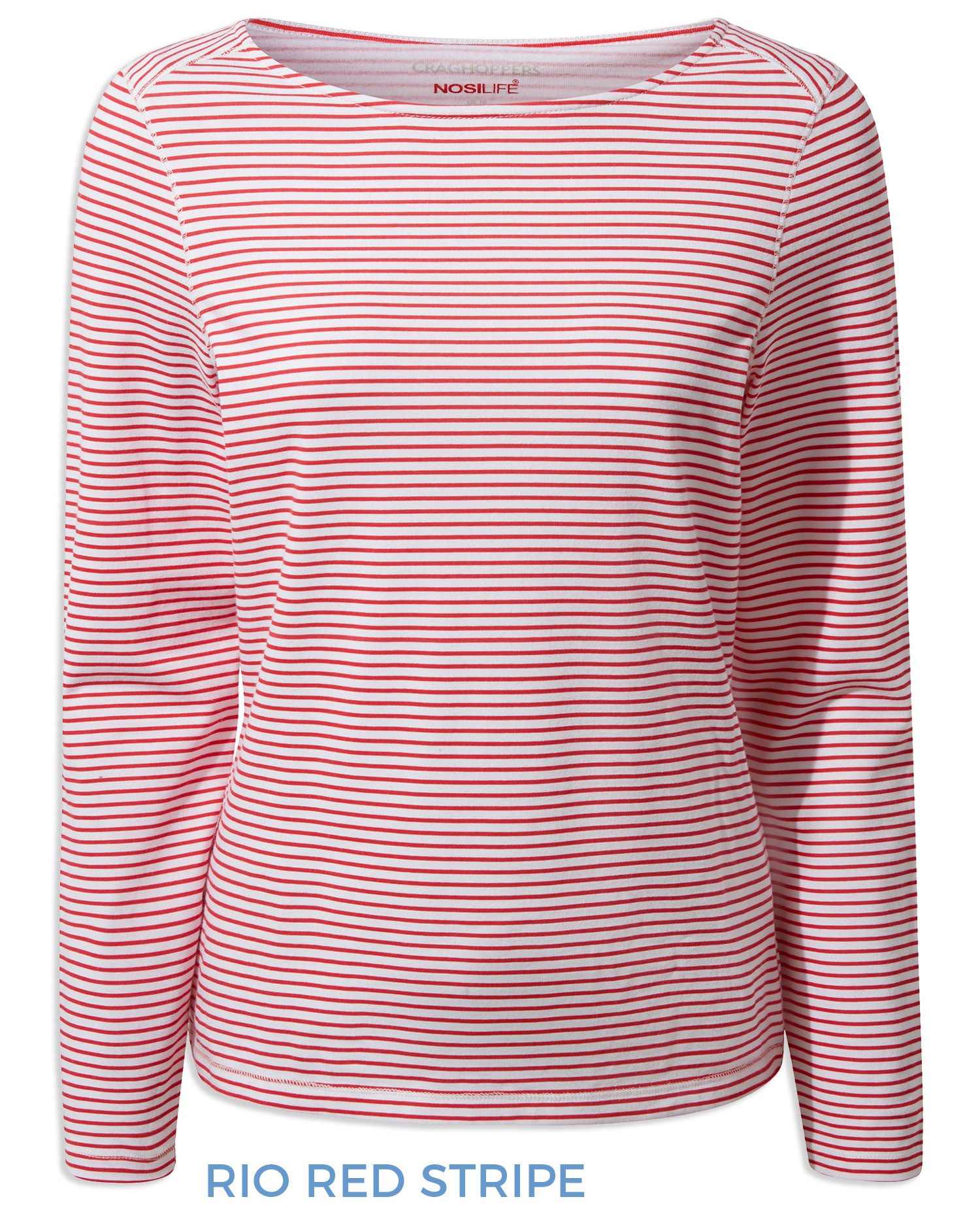 Rio Red Stripe coloured Craghoppers NosiLife Erin Ladies L/S Top on white background