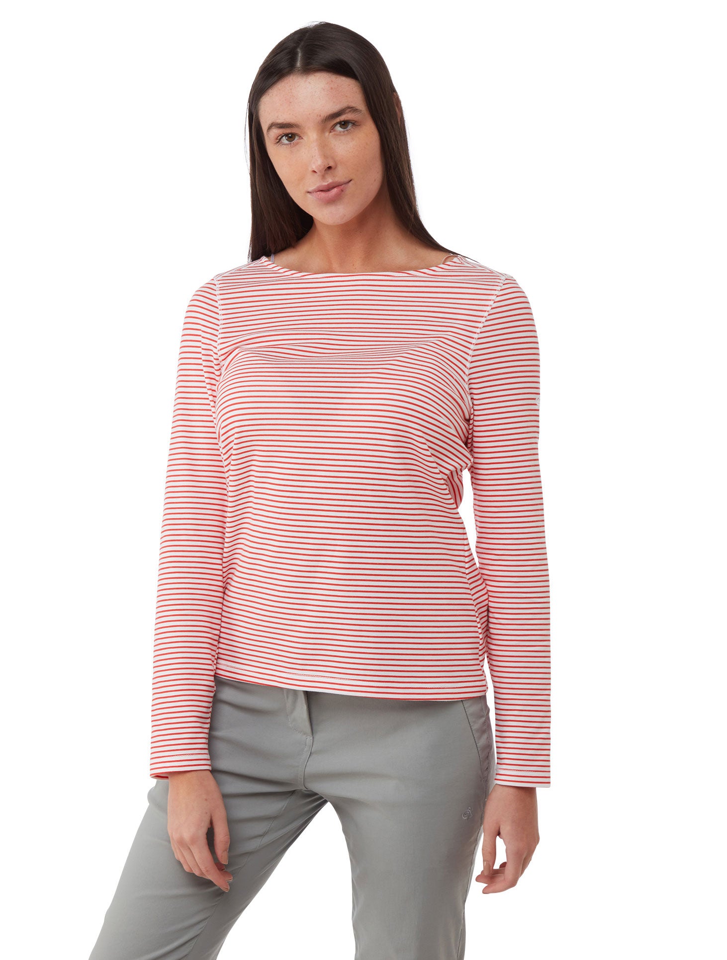 Rio Red Stripe coloured Craghoppers NosiLife Erin Ladies L/S Top on white background