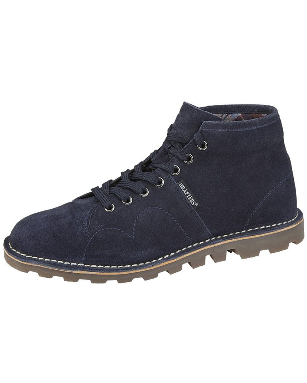 Navy coloured Grafters Heritage Monkey Boots on white background