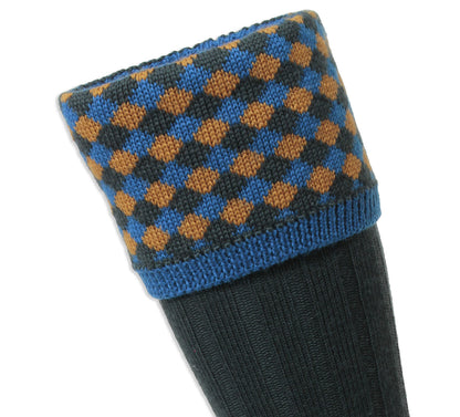 Blue gold and green check pattern sock top 
