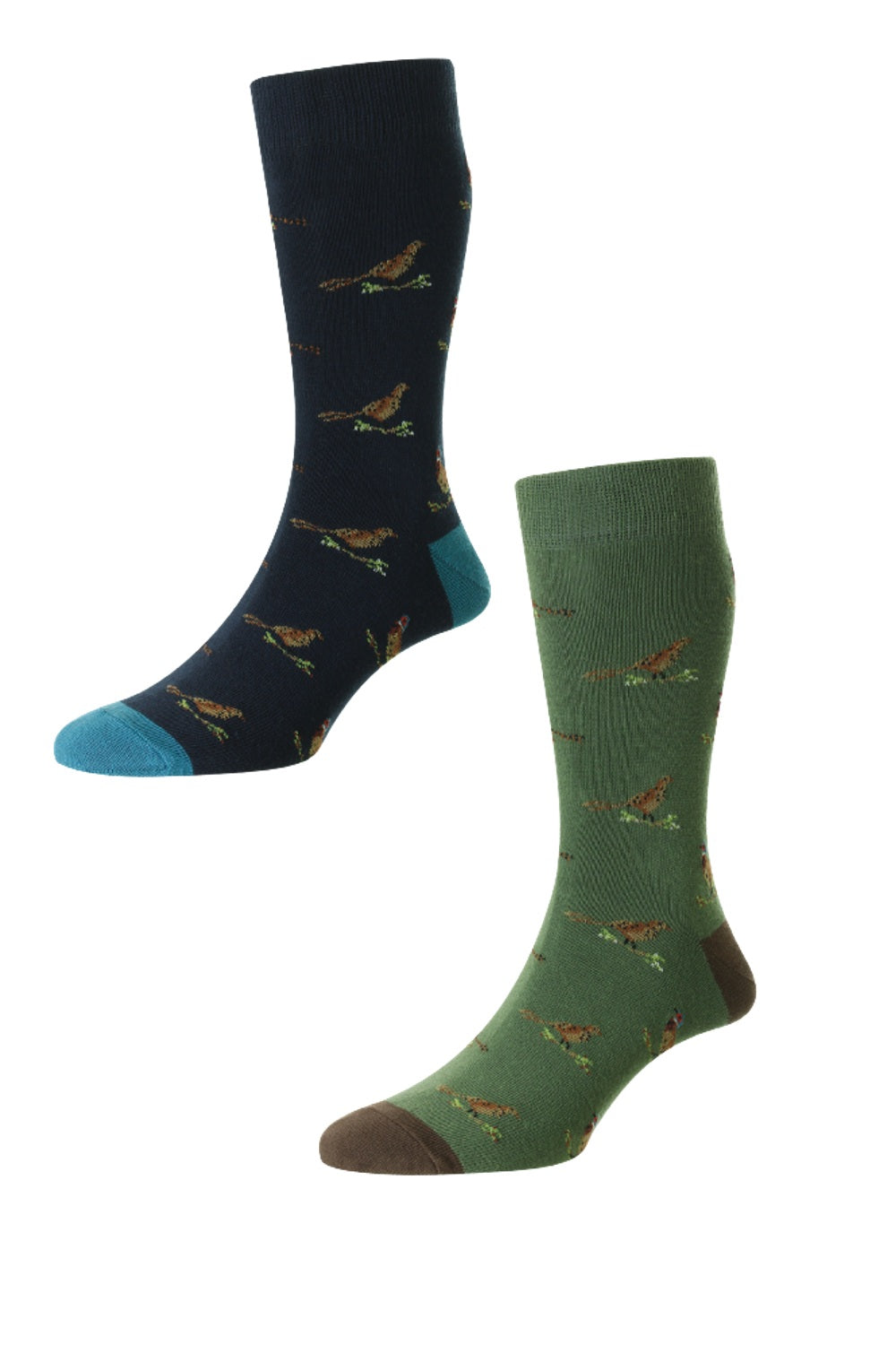 HJ Hall Pheasant and Grouse Motif Rich Cotton Socks in Navy and Moss