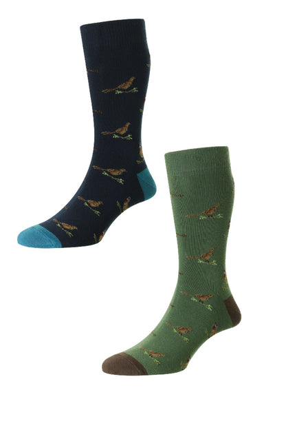 HJ Hall Pheasant and Grouse Motif Rich Cotton Socks in Navy and Moss  