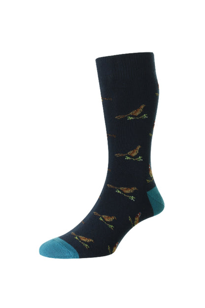 HJ Hall Pheasant and Grouse Motif Rich Cotton Socks in Navy 