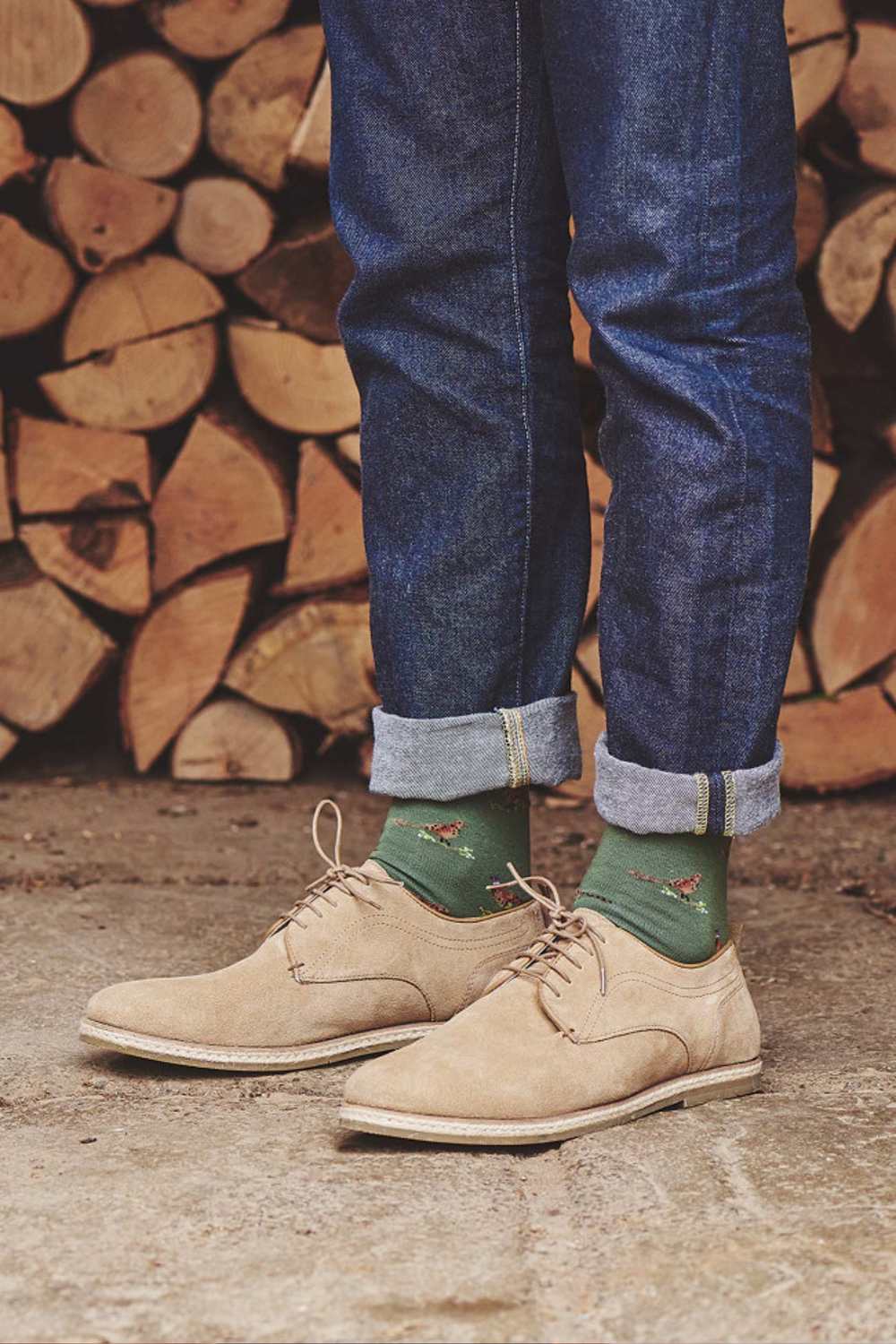 HJ Hall Pheasant and Grouse Motif Rich Cotton Socks in Moss